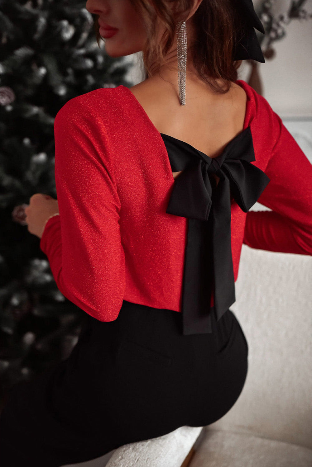 Racing Red Metallic Bowknot Open Back V Neck Top-Chaelisa's New Jammies
