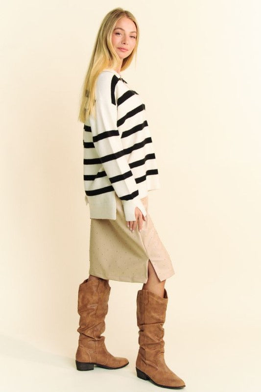 Davi & Dani High-Low Side Slit Striped Johnny Collar Sweater-Chaelisa's New Jammies