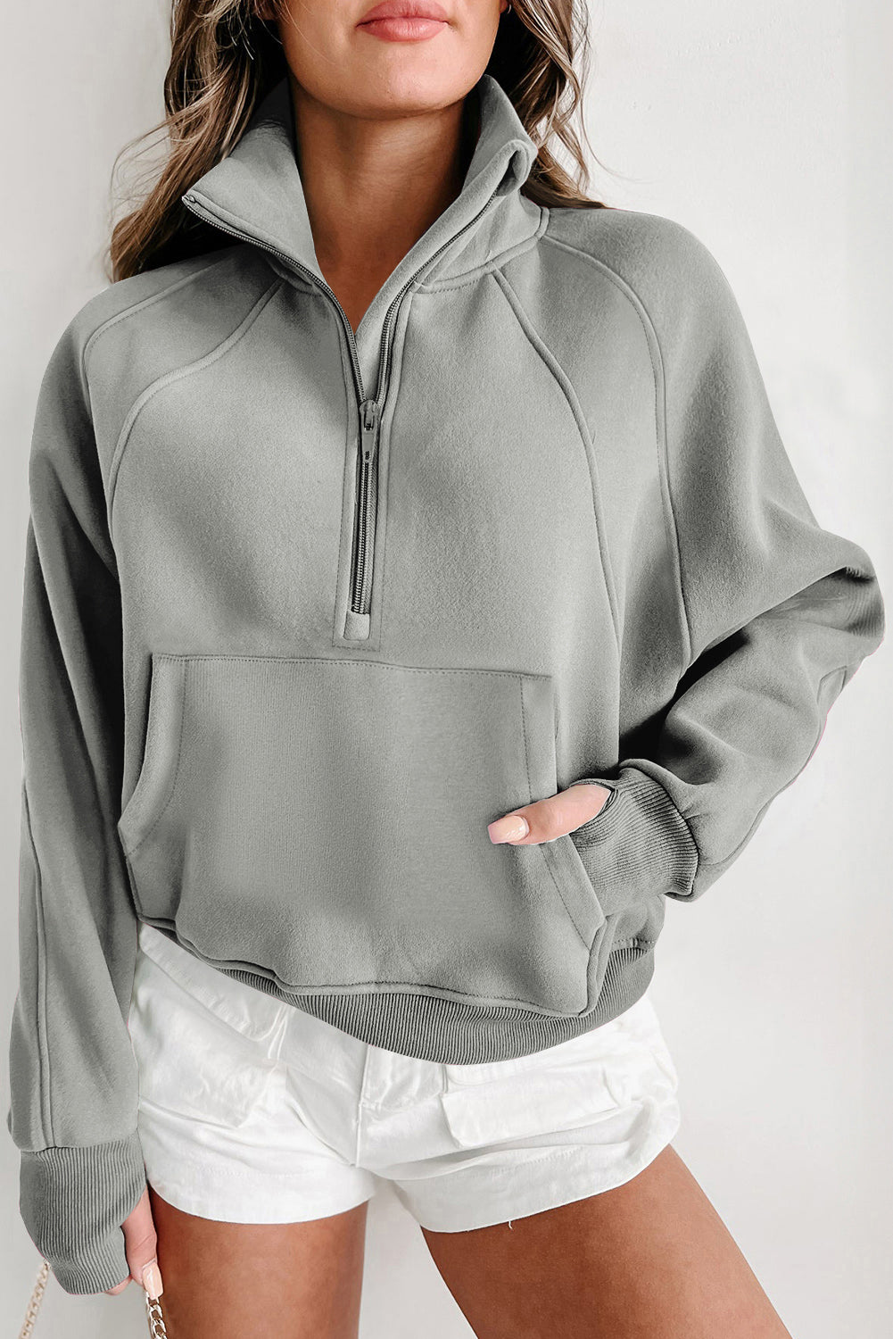 Gray Zip Up Stand Collar Ribbed Thumbhole Sleeve Sweatshirt-Chaelisa's New Jammies