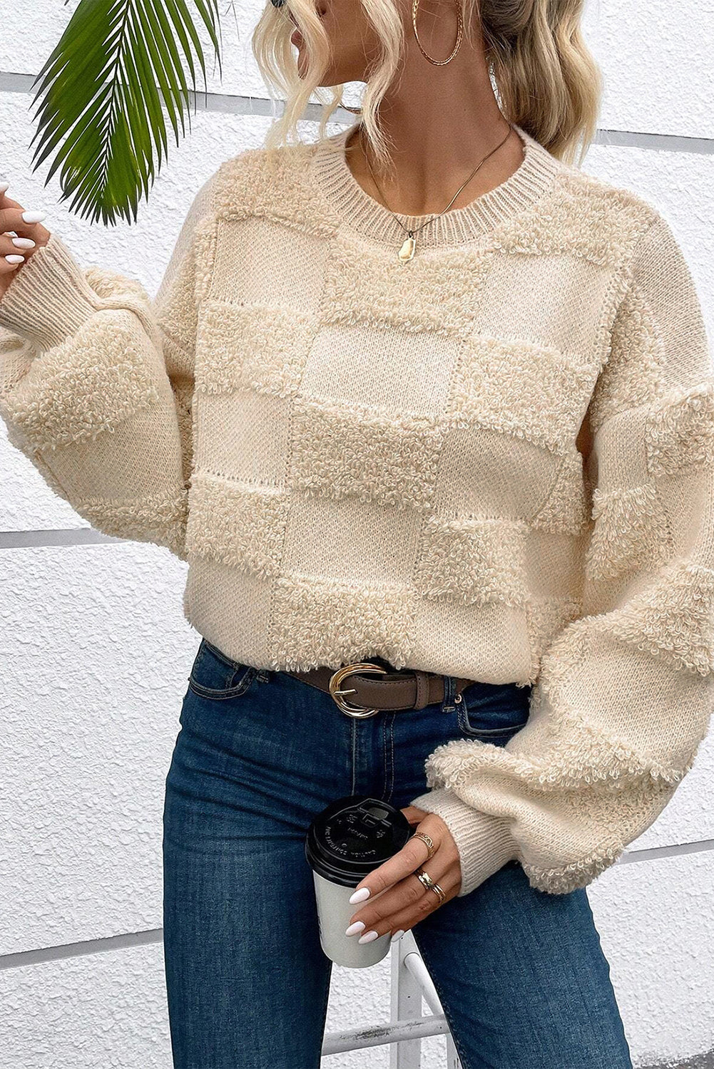 Parchment Checkered Sherpa Crew Neck Loose Sweater-Chaelisa's New Jammies