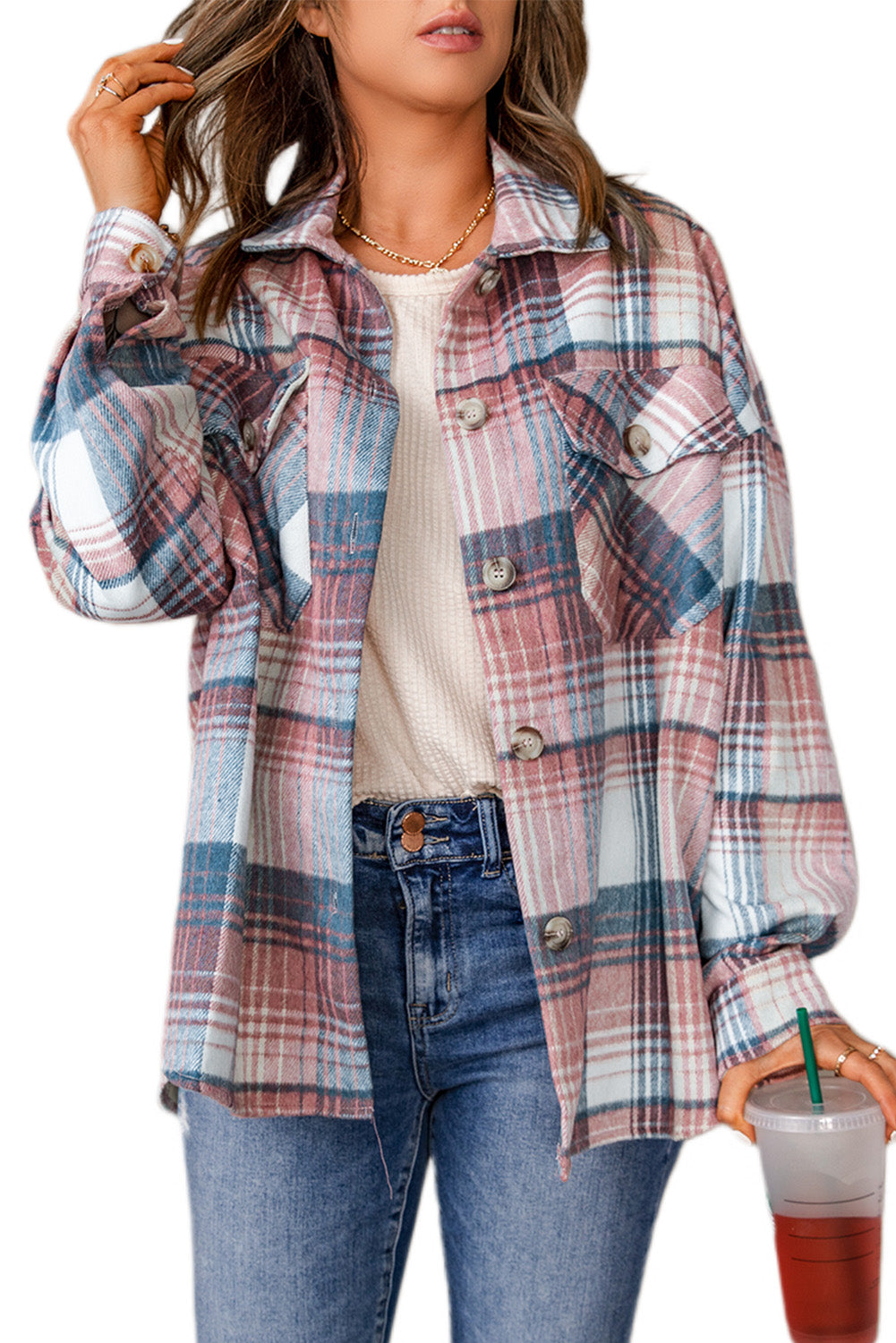 Pink & Grey Plaid Button Up Collared Flannel Shacket-Chaelisa's New Jammies