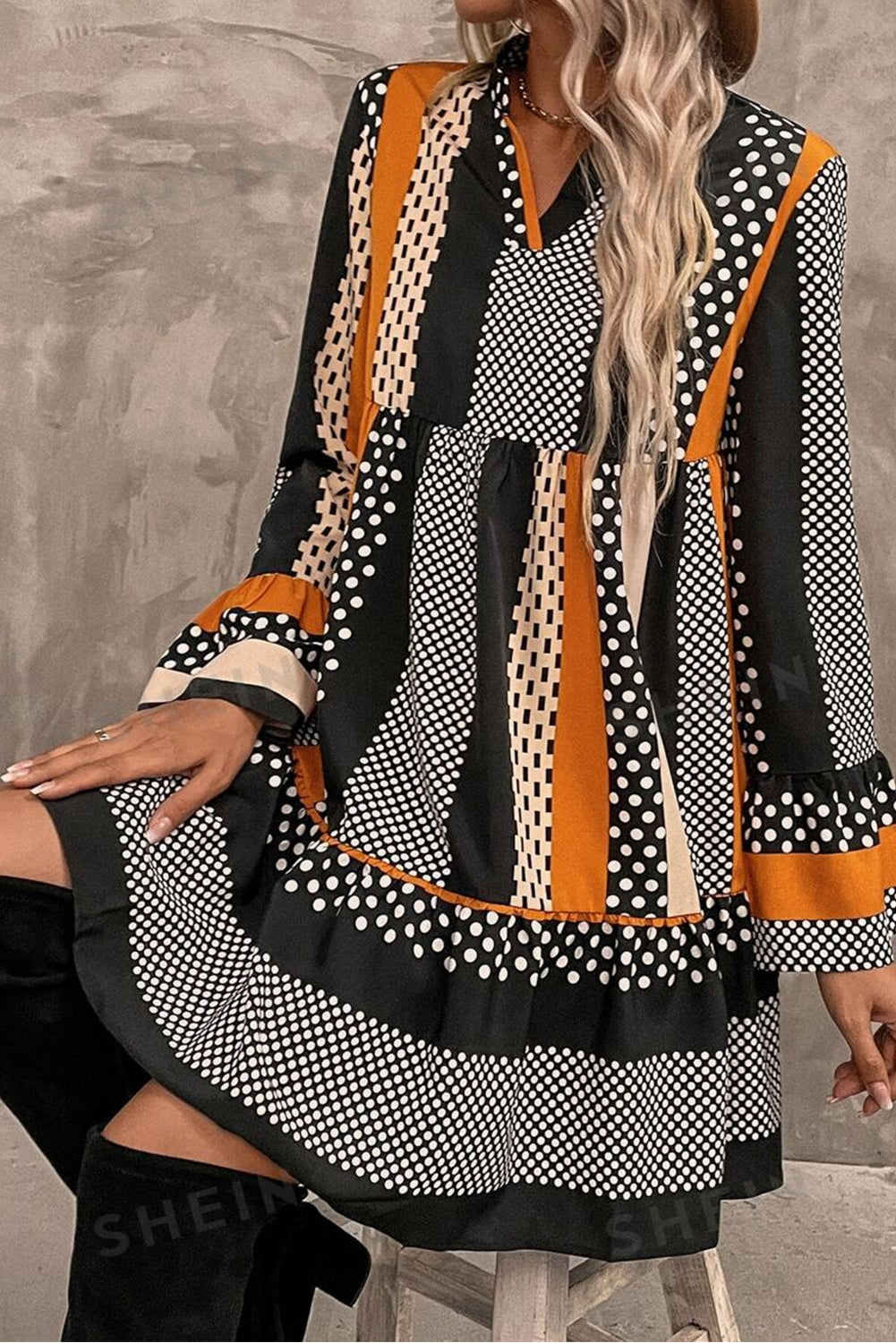Black Striped Polka Dot Print Ruffled Hem V Neck Mini Dress-Chaelisa's New Jammies