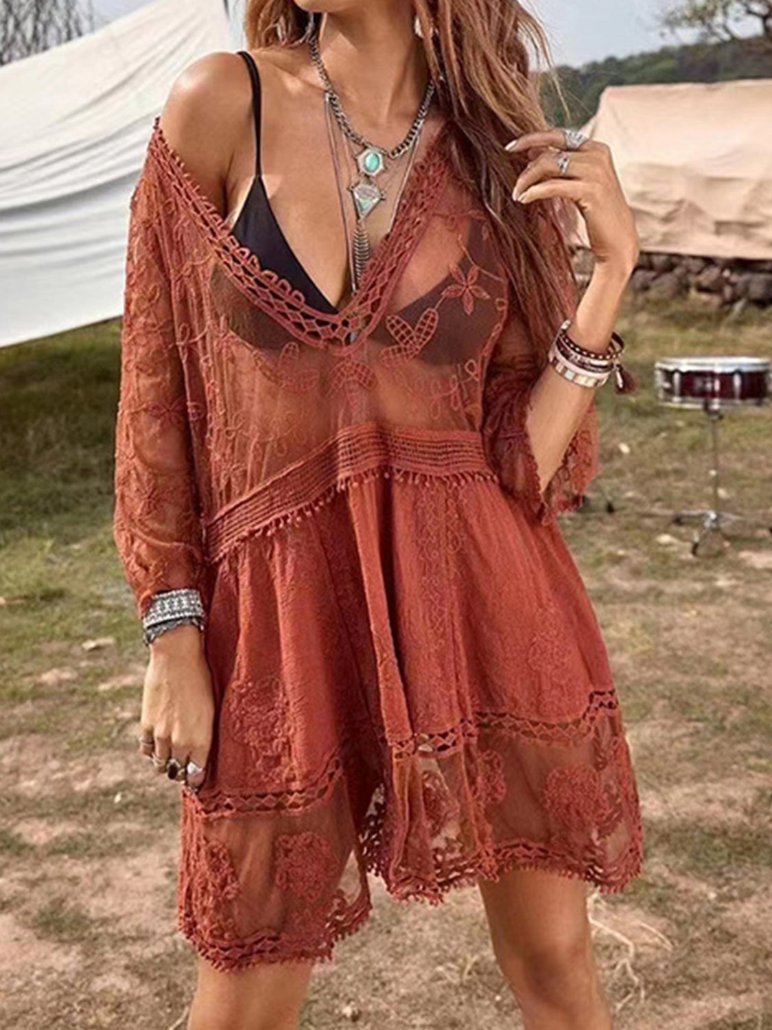 Lace Detail Plunge Cover-Up Dress-Chaelisa's New Jammies