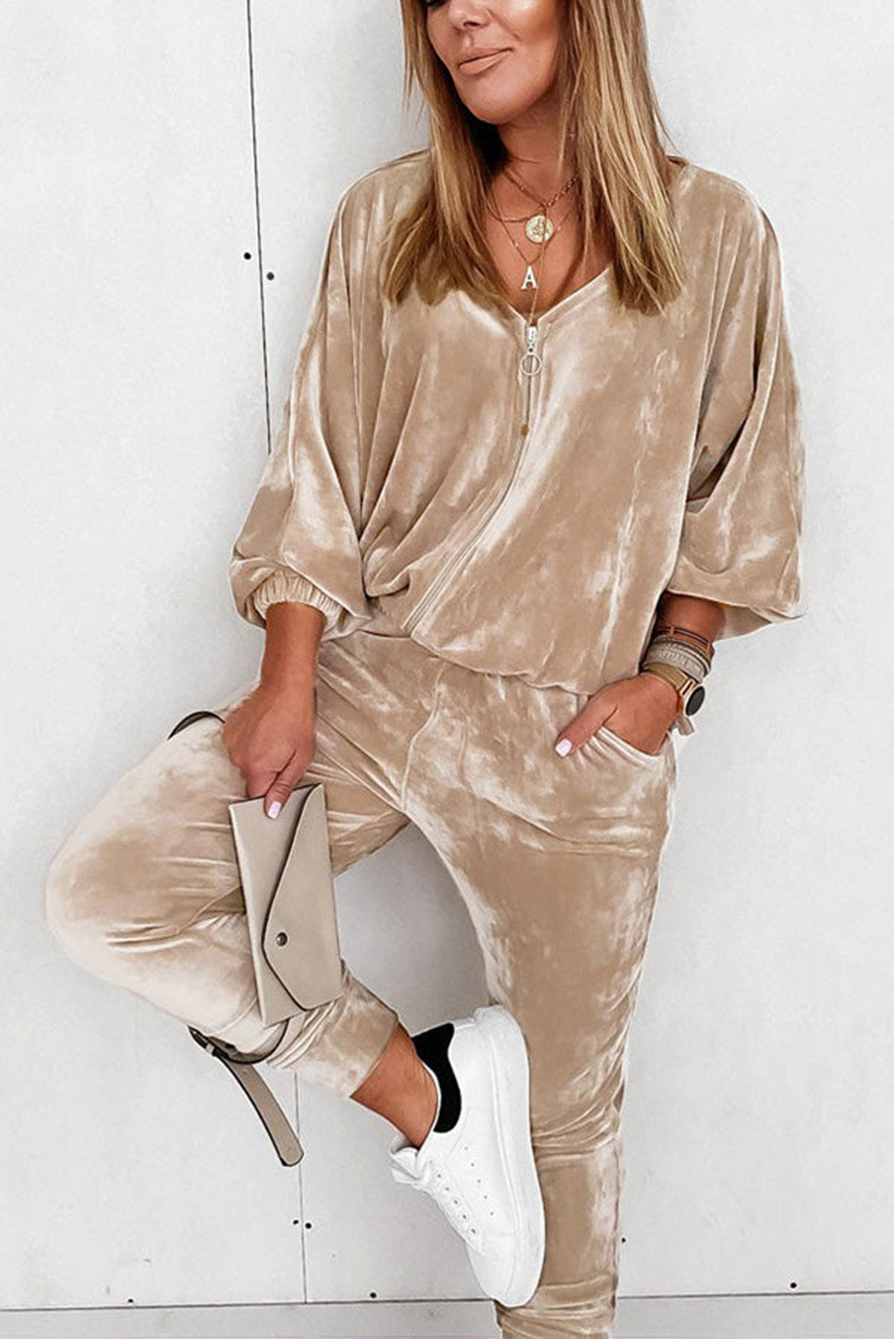 Parchment Velvet Zipped Top and Joggers Two Piece Set-Chaelisa's New Jammies