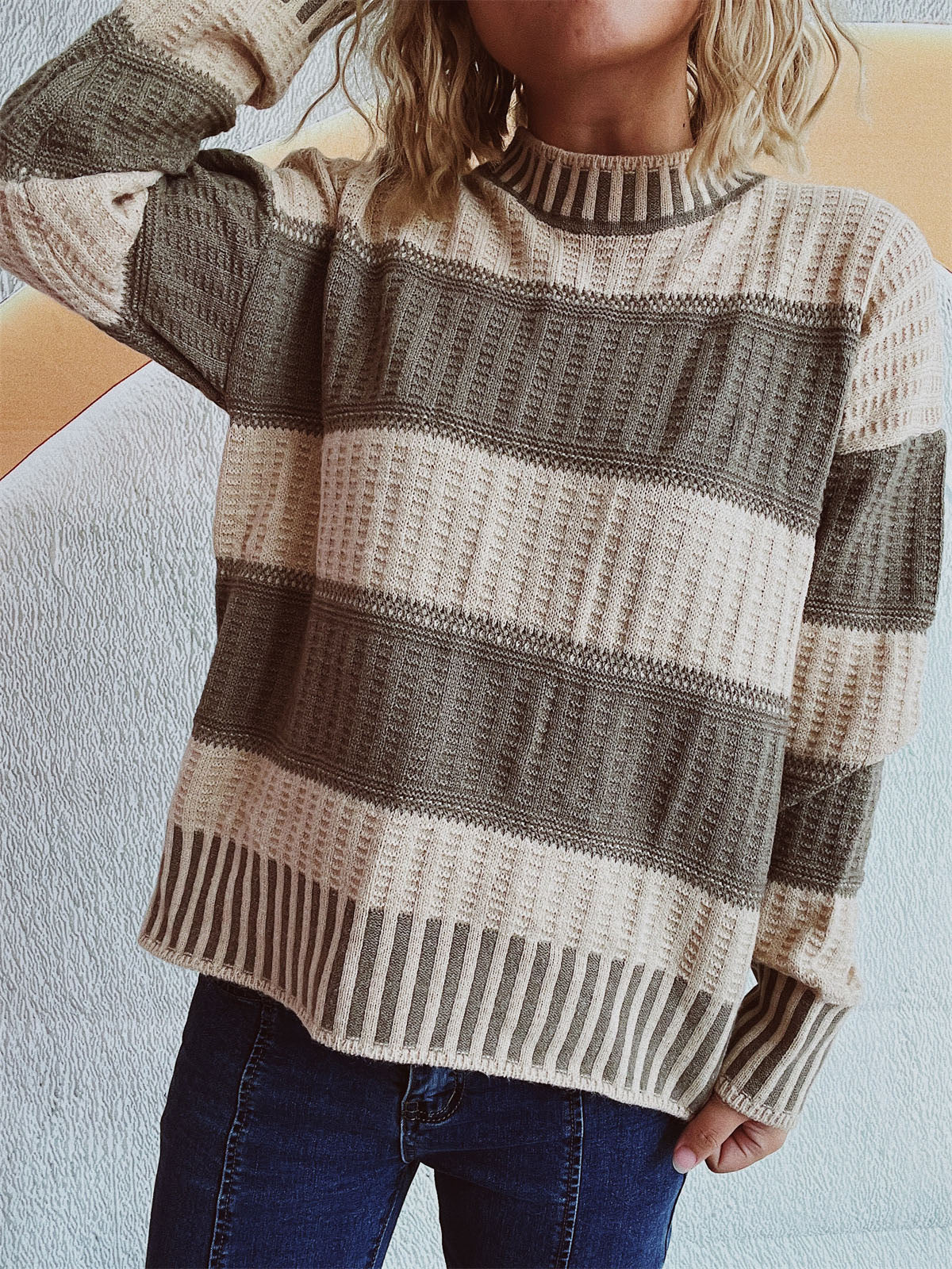 Contrast Round Neck Long Sleeve Sweater-Chaelisa's New Jammies