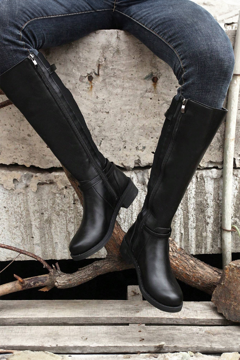 Black Side Zipper Knee High Chunky Low Heel Boots-Chaelisa's New Jammies