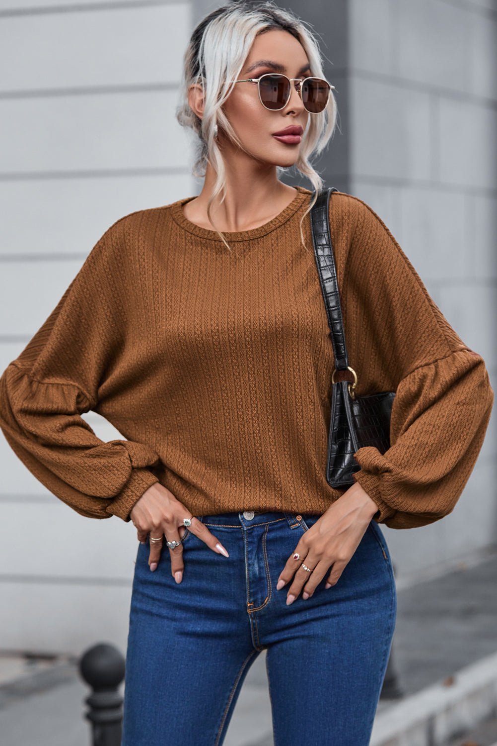 Faux Knit Jacquard Puffy Long Sleeve Top-Chaelisa's New Jammies