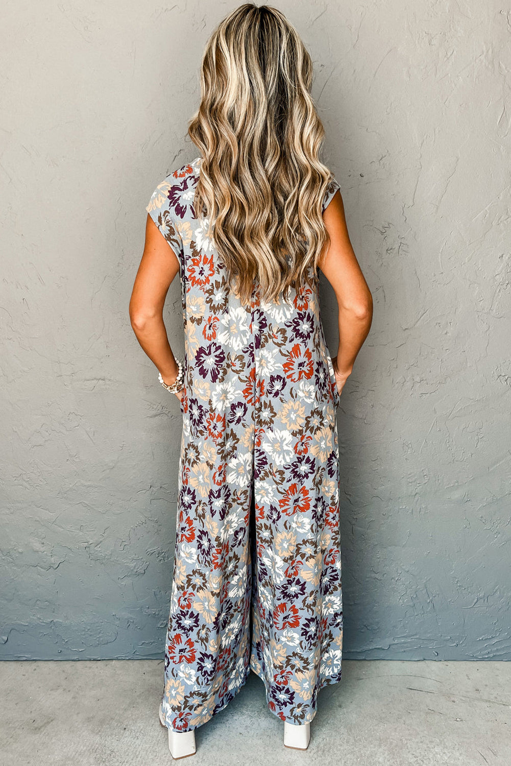 Sky Blue Floral Sleeveless Buttoned Pocketed Wide Leg Jumpsuit-Chaelisa's New Jammies