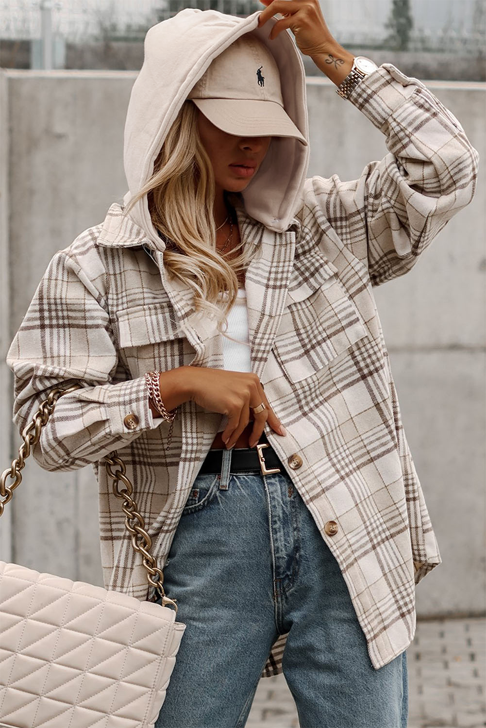 Khaki Plaid Removable Hood Buttoned Shacket-Chaelisa's New Jammies