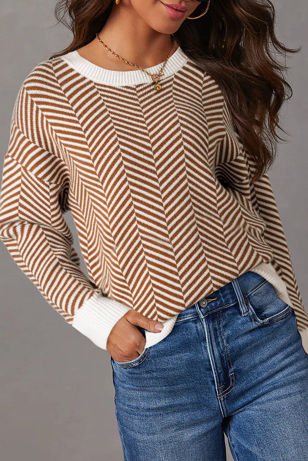 Coffee Contrast Edge Crew Neck Drop Shoulder Sweater-Chaelisa's New Jammies