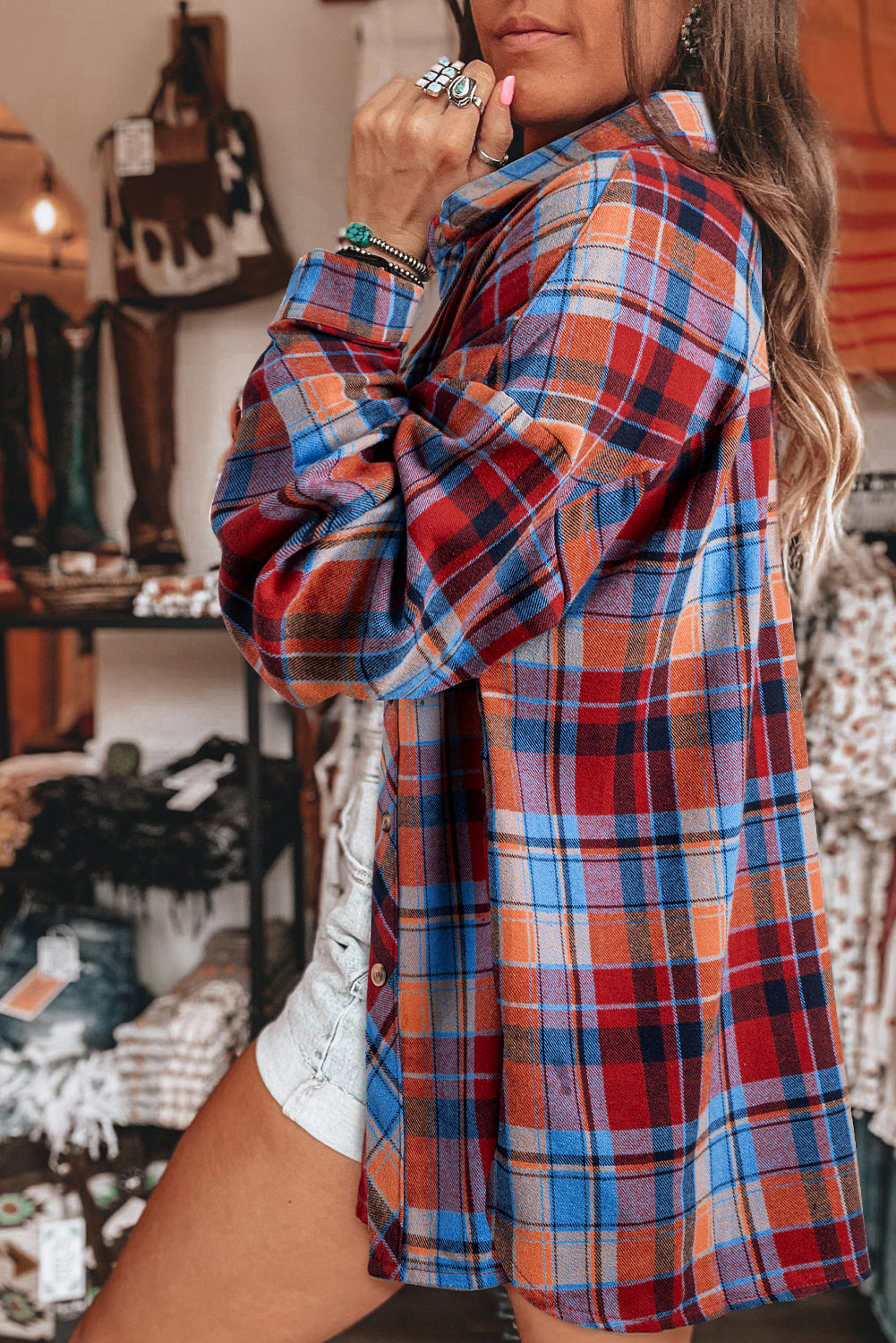 Red Plaid Print Drop Sleeve Loose Shirt-Chaelisa's New Jammies