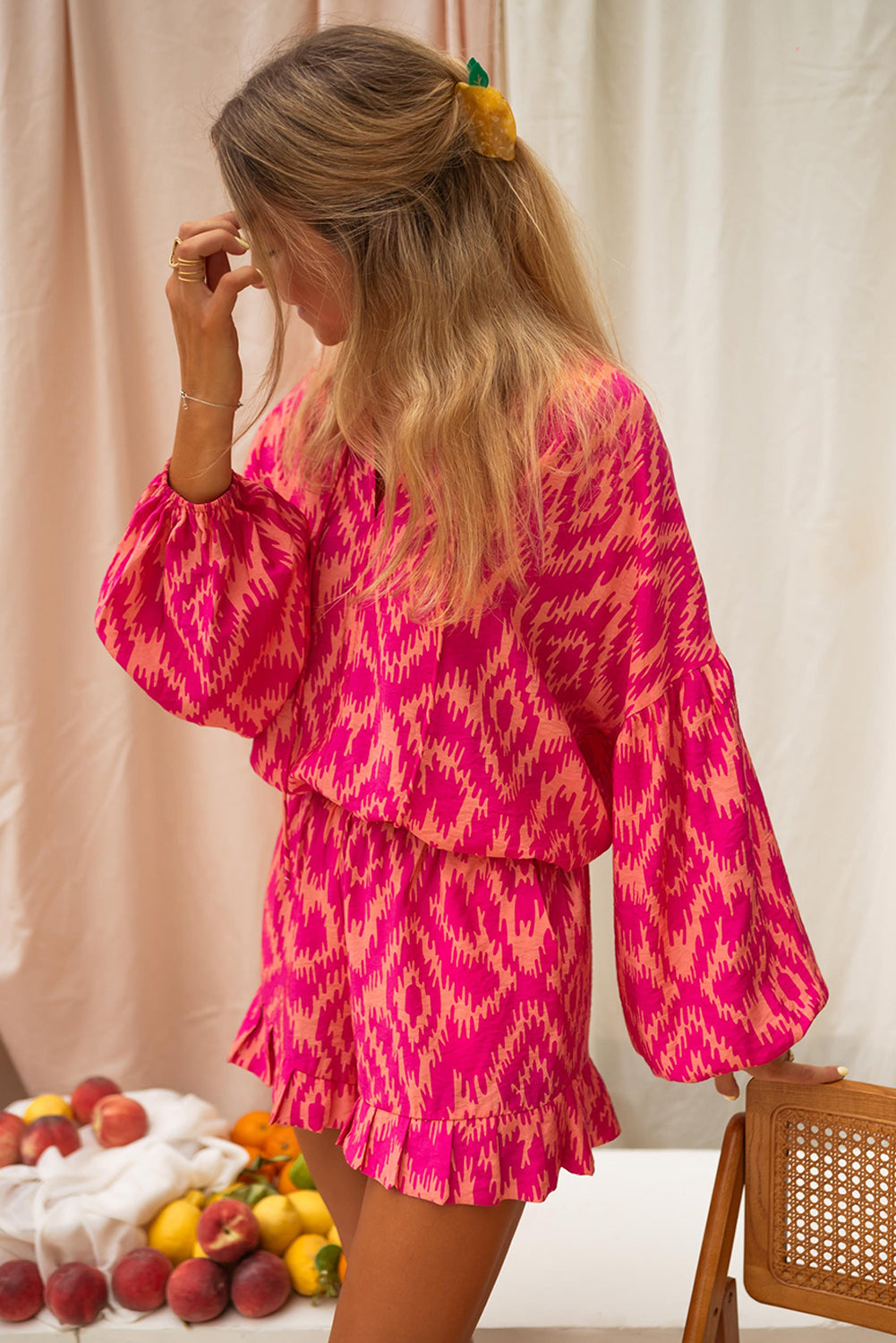 Rose Western Aztec Geometric Print Top and Ruffled Shorts Set-Chaelisa's New Jammies