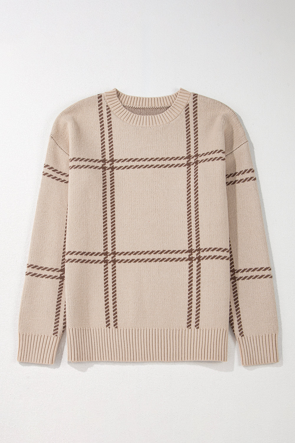 Khaki Plaid Pattern Knitted Drop Shoulder Sweater-Chaelisa's New Jammies