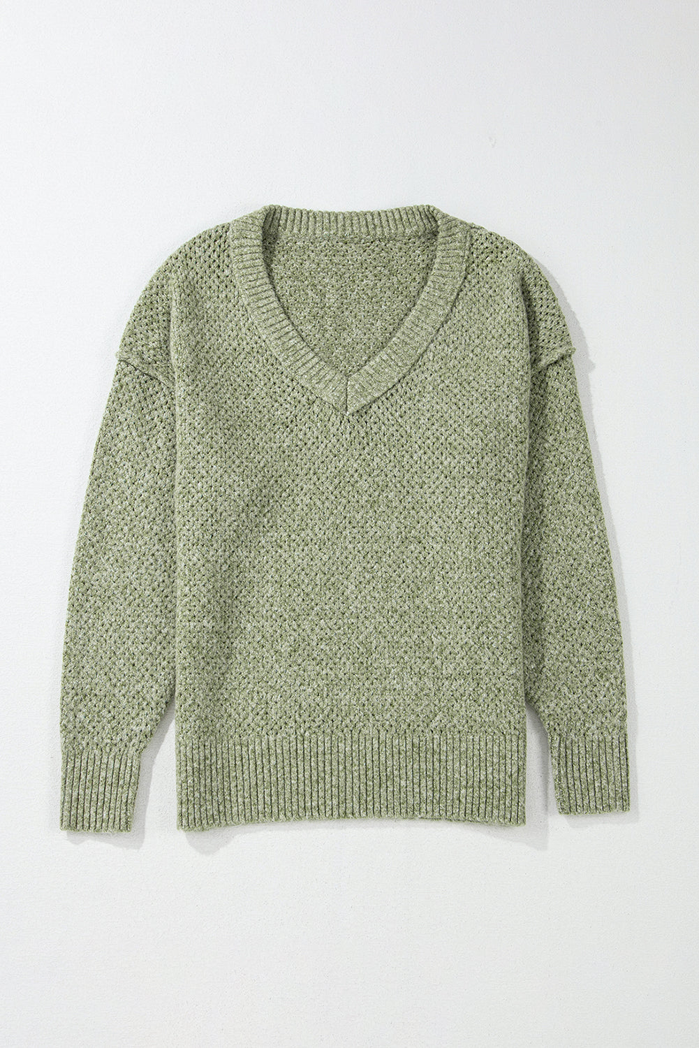 Jungle Green Loose Eyelet V Neck Drop Shoulder Sweater-Chaelisa's New Jammies