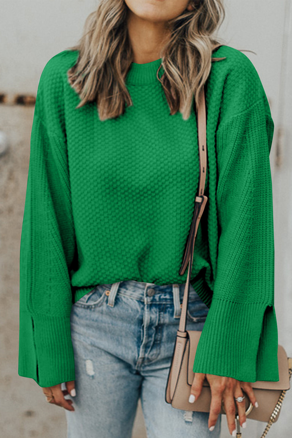 Parchment Solid Textured Knit Split Cuff Drop Shoulder Sweater-Chaelisa's New Jammies