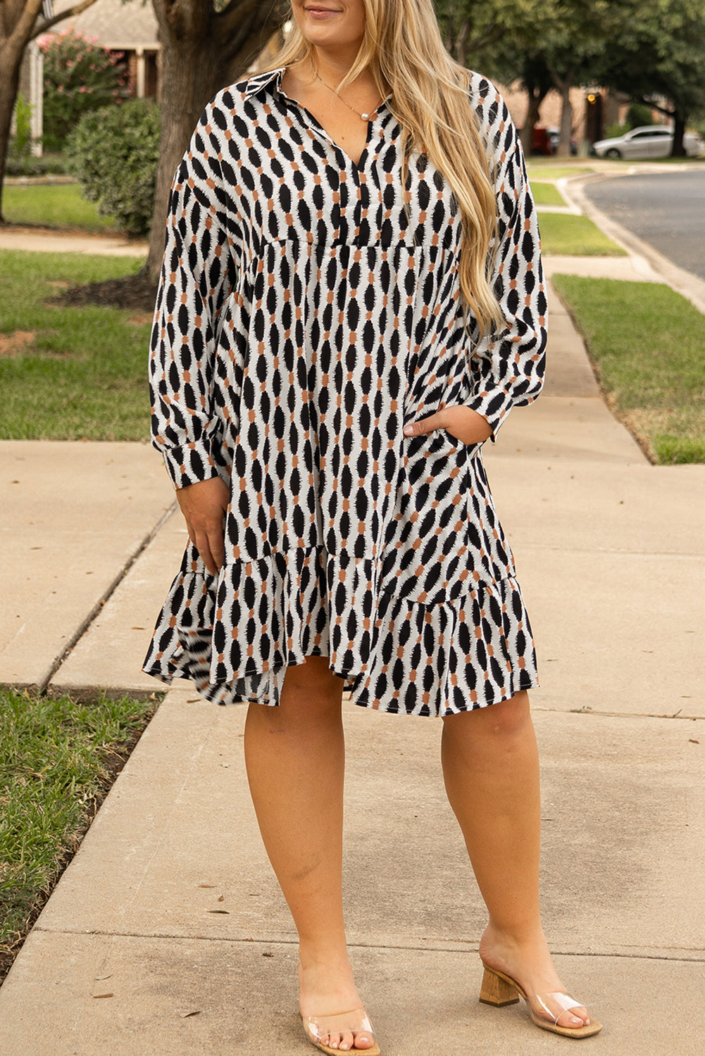 Apricot Abstract Print Collared V Neck Plus Size Mini Dress-Chaelisa's New Jammies