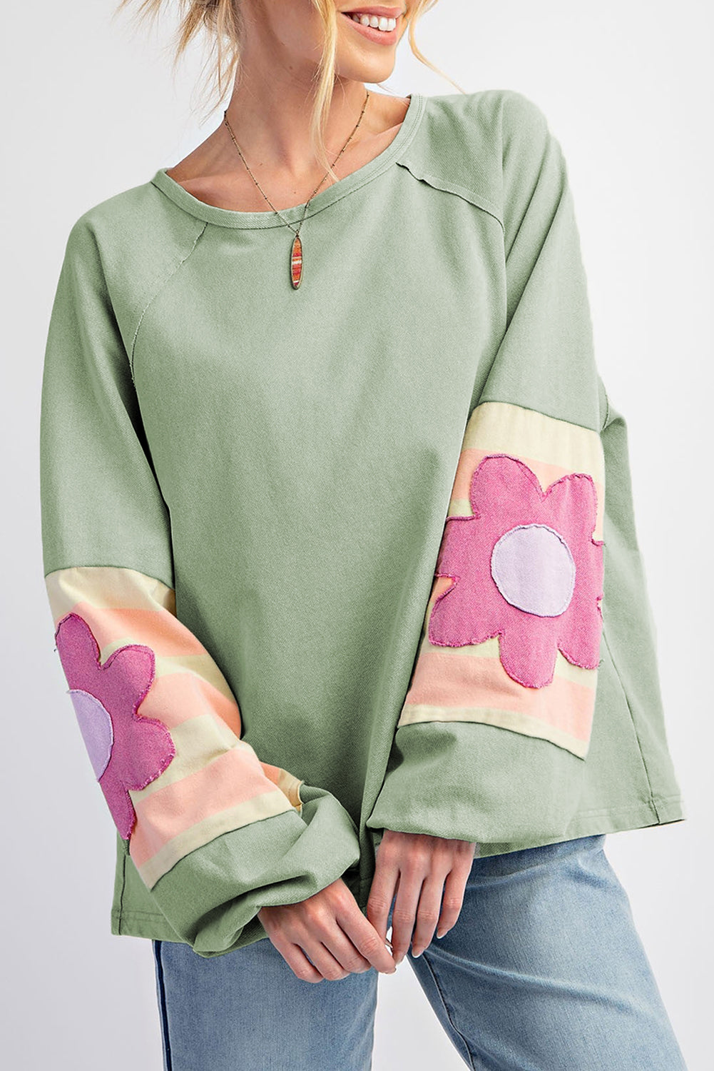 Smoke Green Flower Patchwork Raglan Sleeve Exposed Seam Oversized Top-Chaelisa's New Jammies