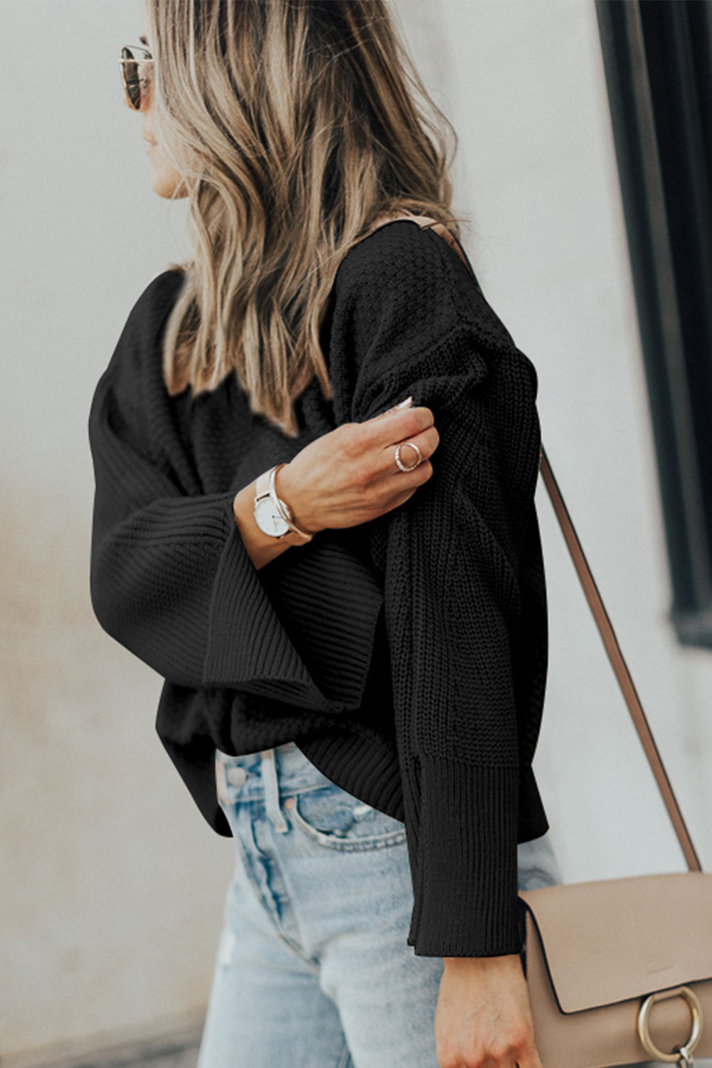 Parchment Solid Textured Knit Split Cuff Drop Shoulder Sweater-Chaelisa's New Jammies