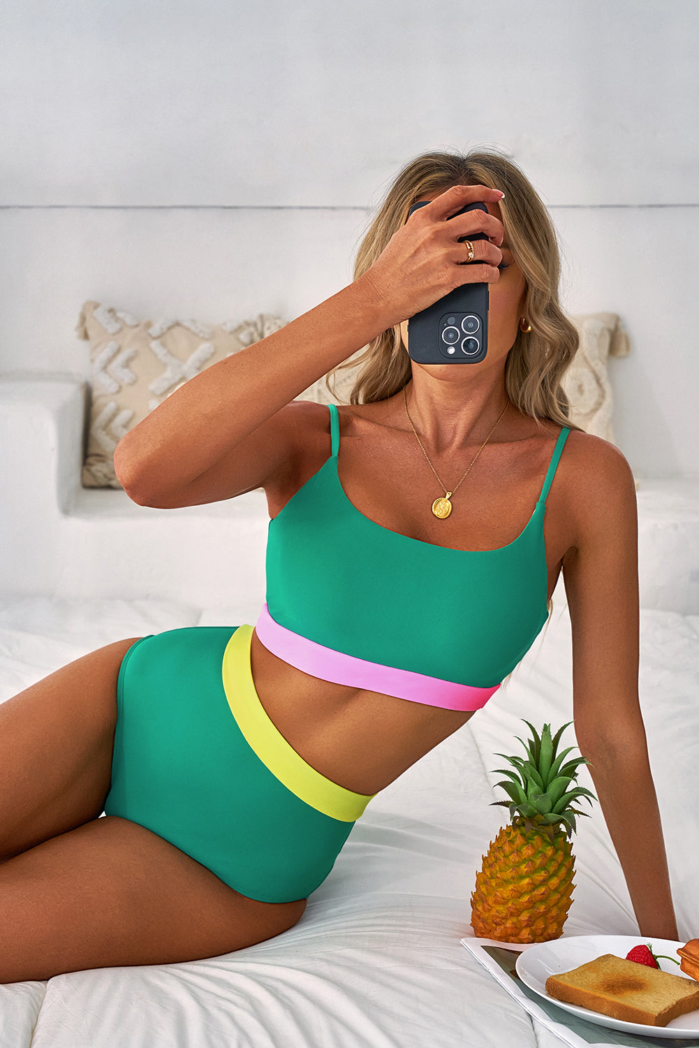 Sea Green Contrast Trim Colorblock Patchwork High Waisted Bikini-Chaelisa's New Jammies