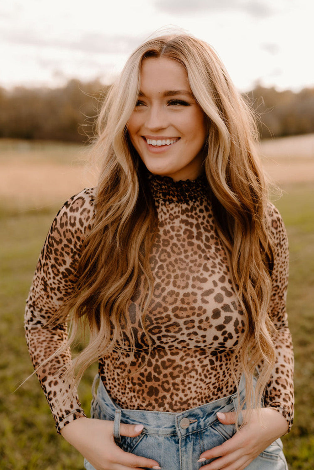 Brown Leopard Smocked Neck Mesh Long Sleeve Bodysuit-Chaelisa's New Jammies
