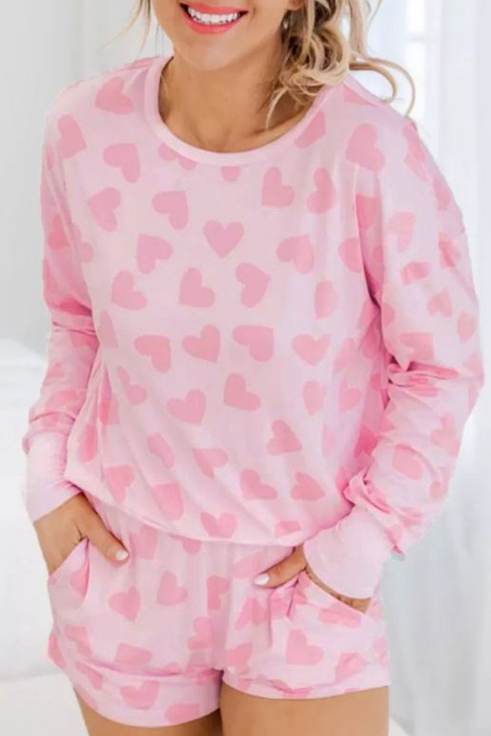 Pink Valentine Heart Shape Print Long Sleeve Top Shorts Lounge Set-Chaelisa's New Jammies