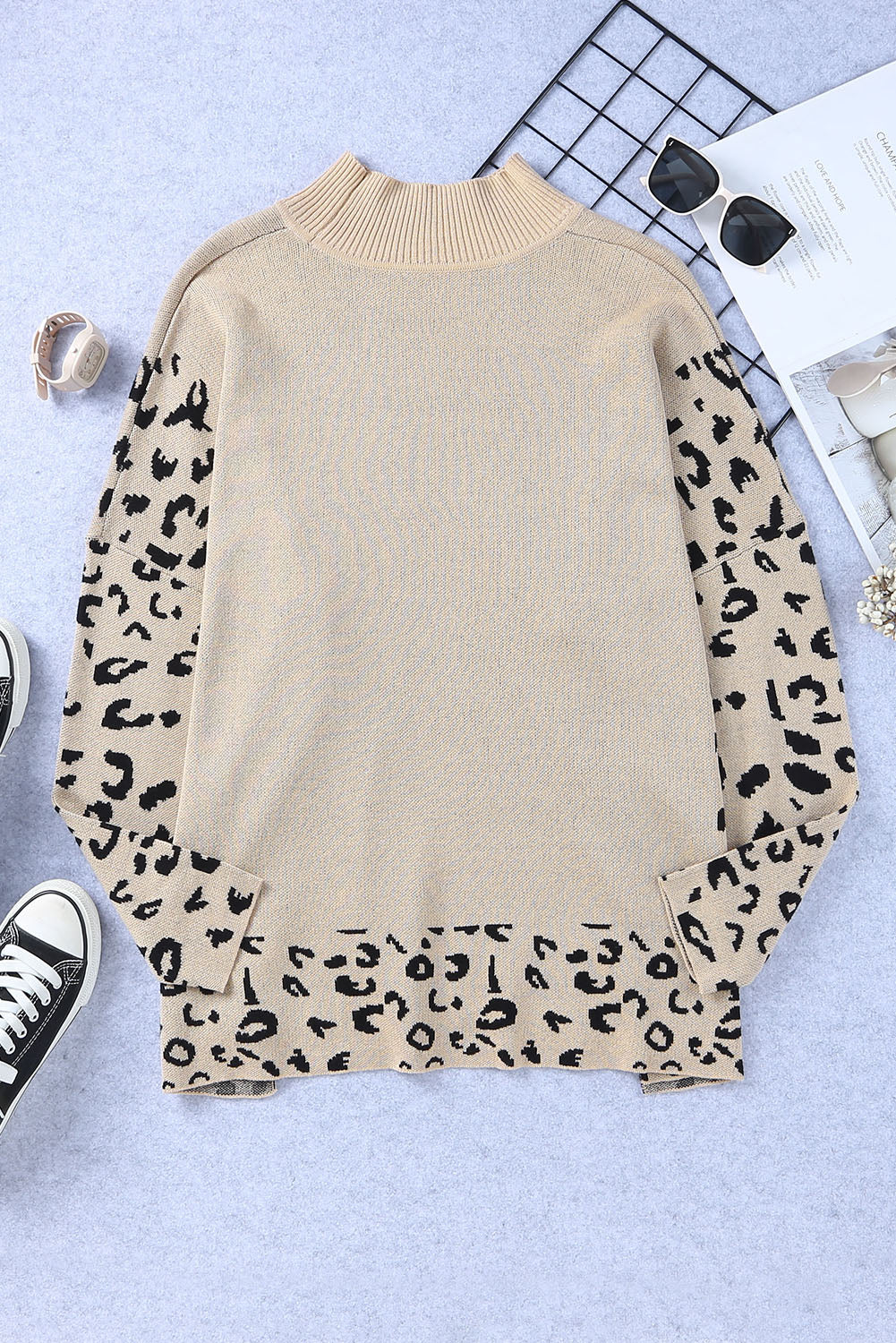 Khaki Leopard Casual Side Slit High Neck Oversized Sweater-Chaelisa's New Jammies
