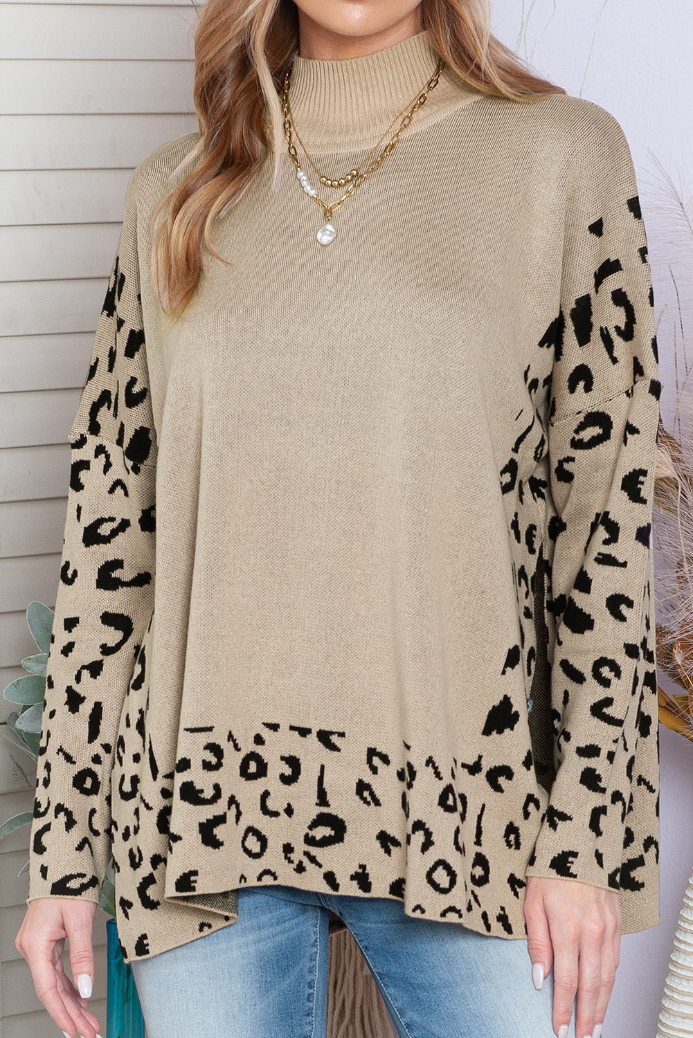 Khaki Leopard Casual Side Slit High Neck Oversized Sweater-Chaelisa's New Jammies