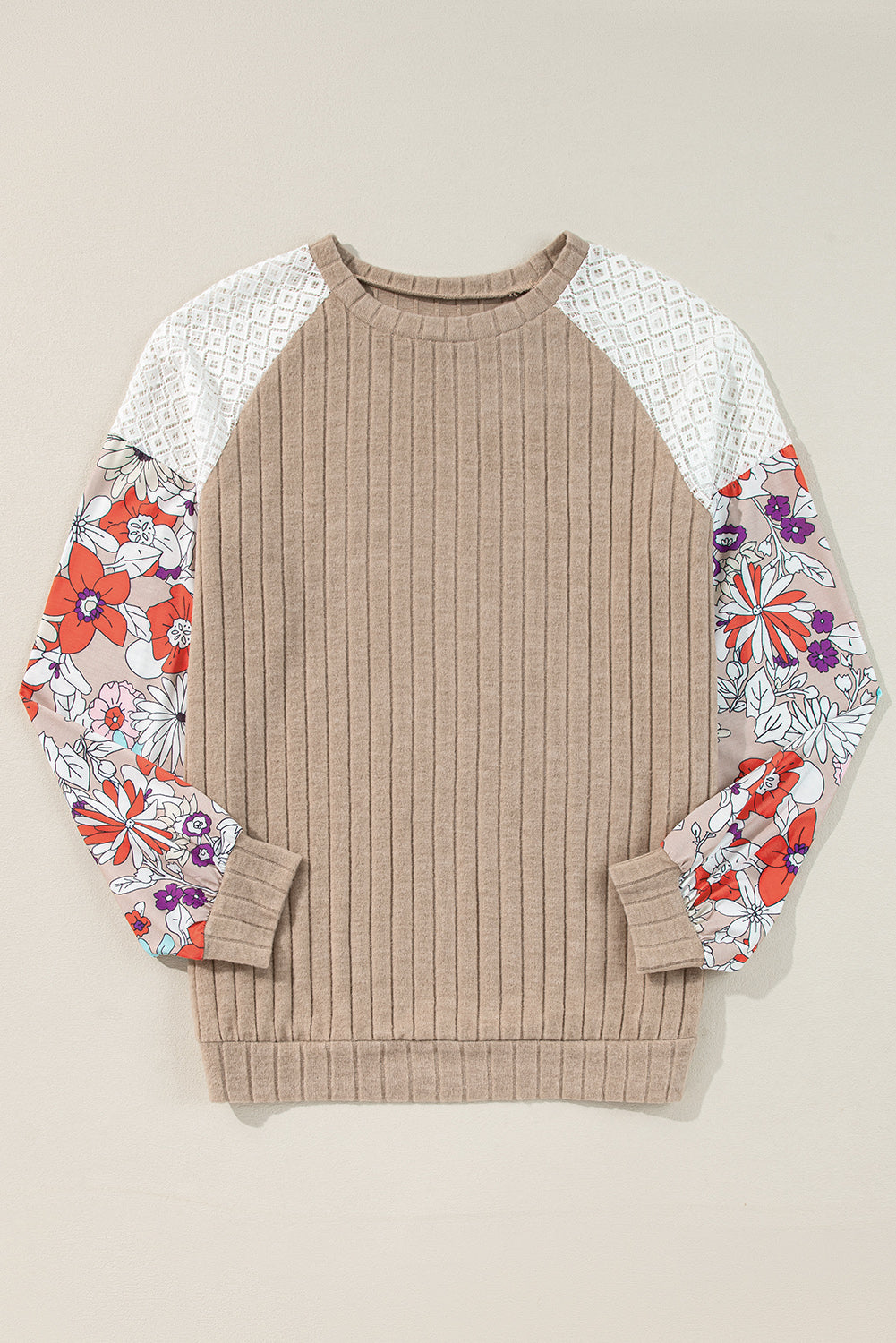 Parchment Floral Patchwork Long Sleeve Ribbed Blouse-Chaelisa's New Jammies