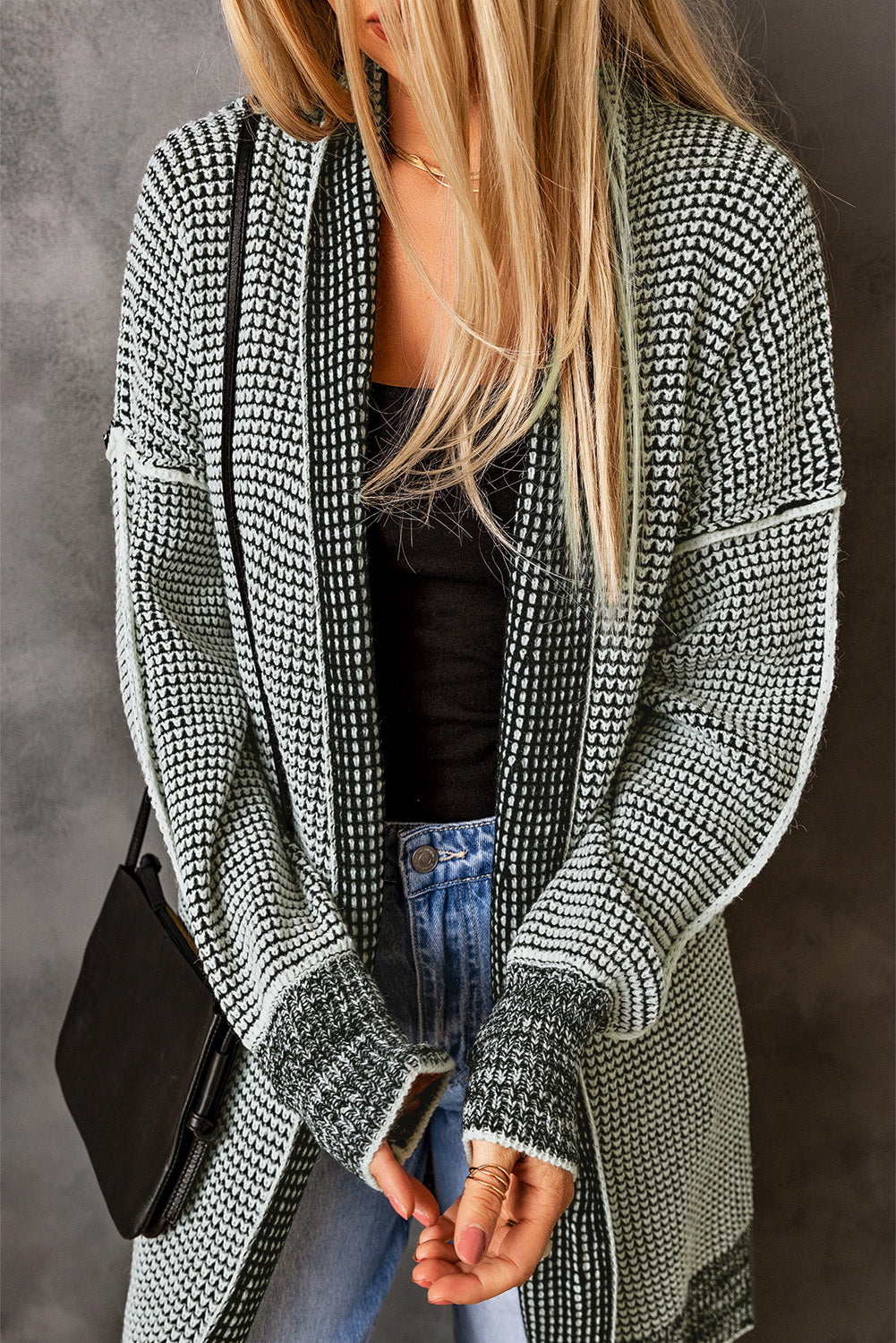 Gray Plaid Knitted Long Open Front Cardigan-Chaelisa's New Jammies