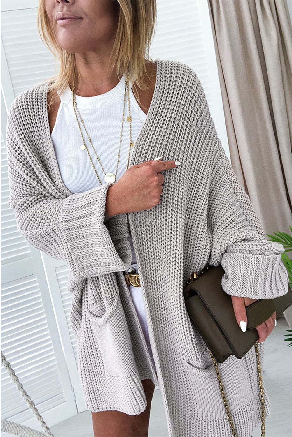 Gray Oversized Fold Over Sleeve Open Front Cardigan-Chaelisa's New Jammies