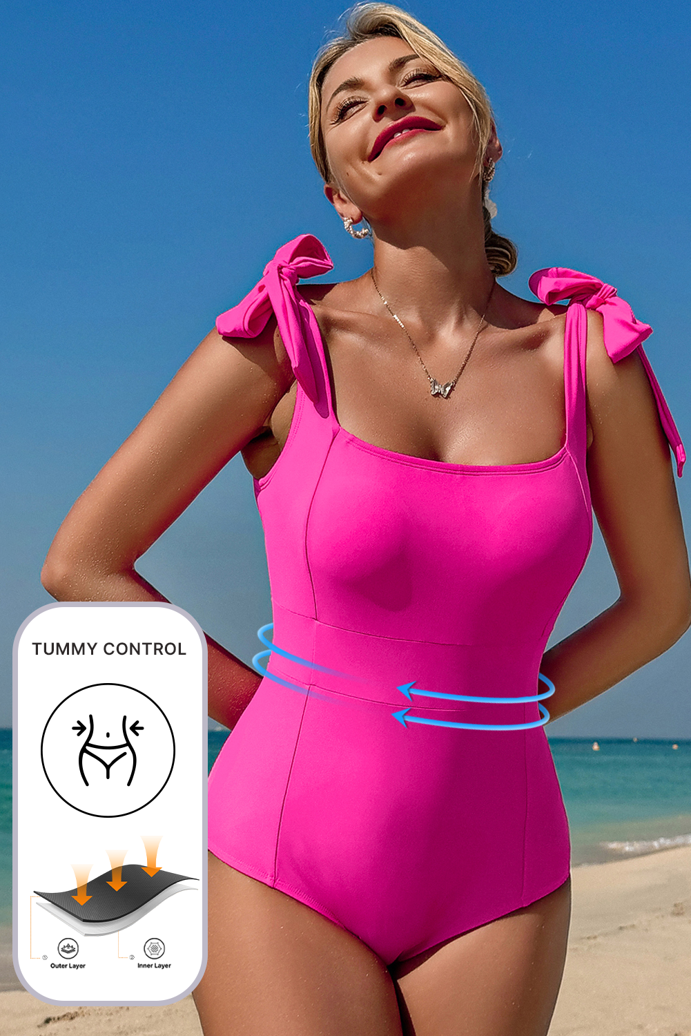 Rose Red Square Neck Knotted Shoulder Open Back One Piece Swimsuit-Chaelisa's New Jammies