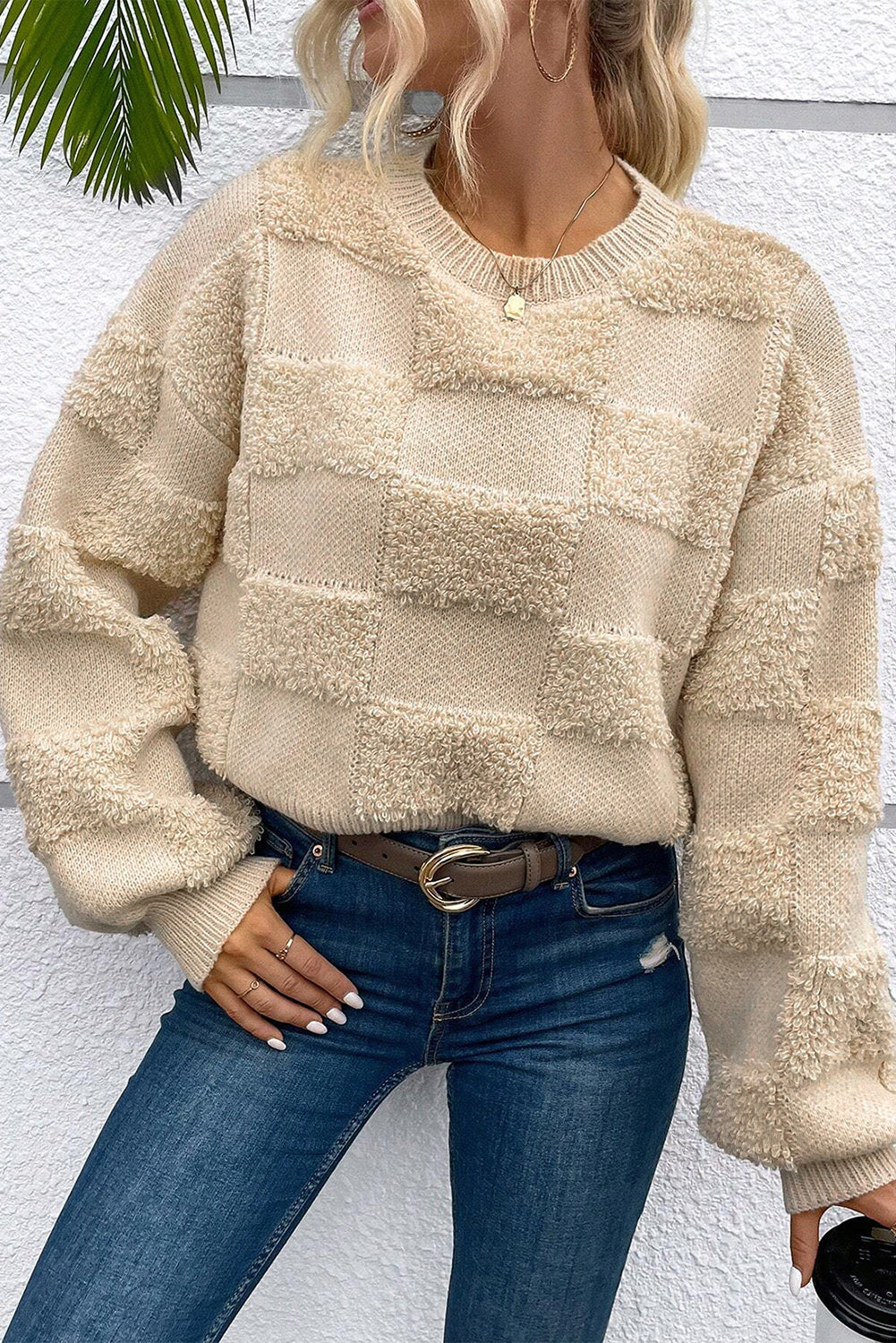 Parchment Checkered Sherpa Crew Neck Loose Sweater-Chaelisa's New Jammies