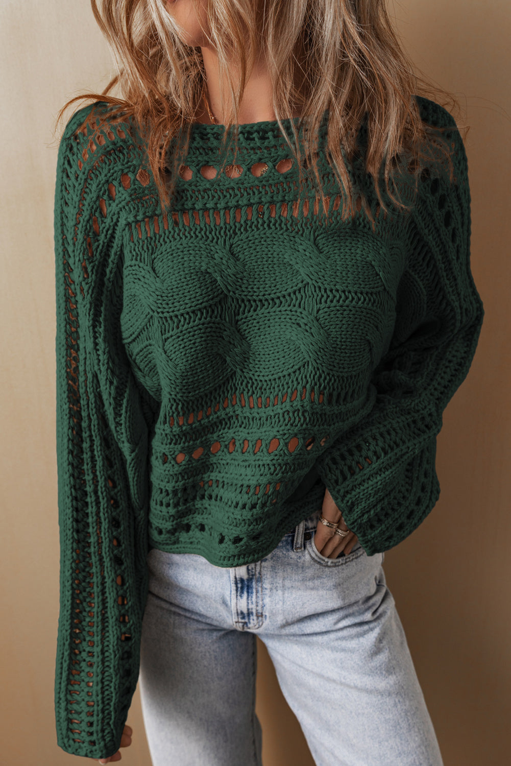 Blackish Green Hollow-out Cable Knit Cropped Sweater-Chaelisa's New Jammies