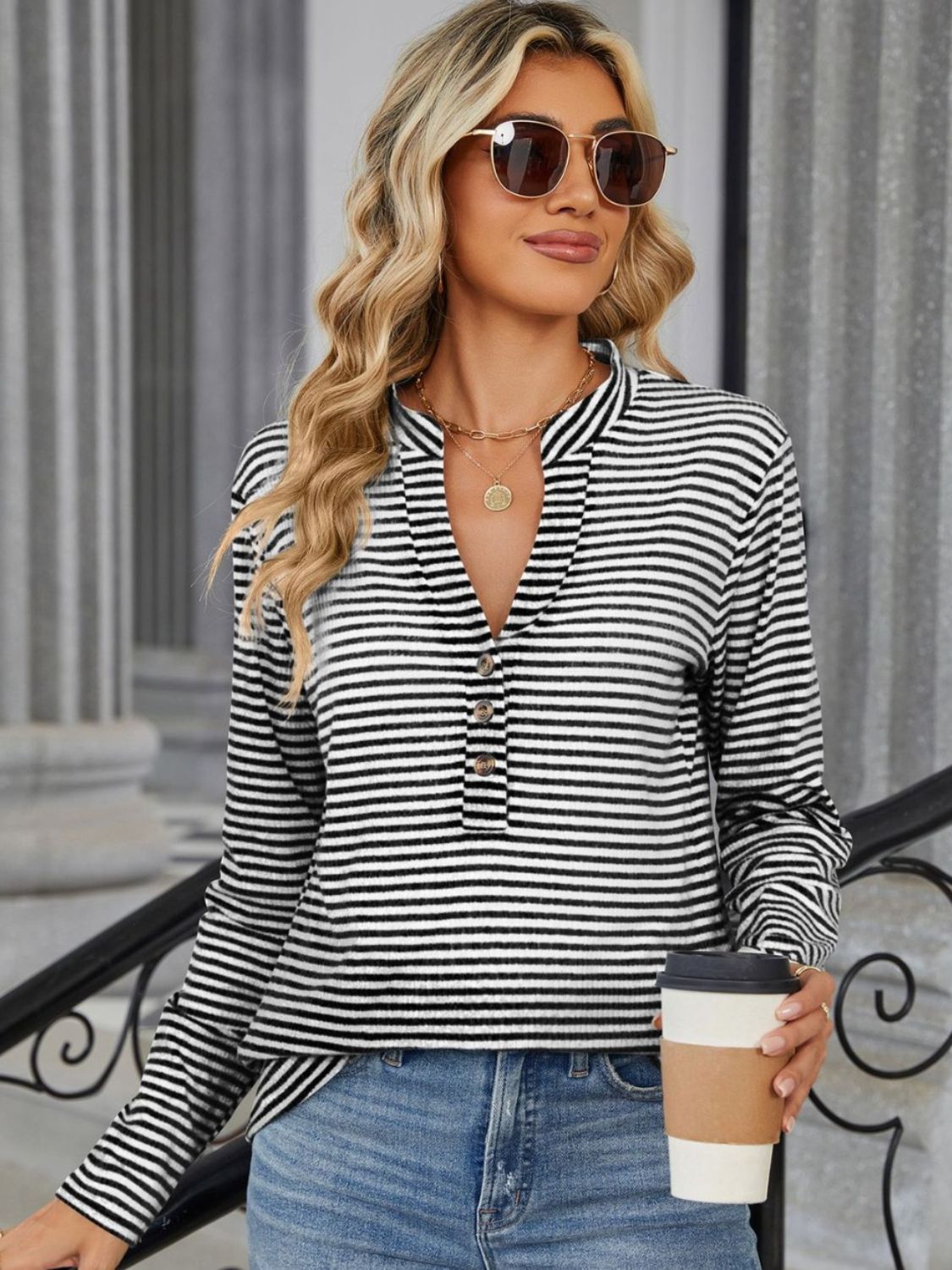 Striped Notched Long Sleeve T-Shirt-Chaelisa's New Jammies