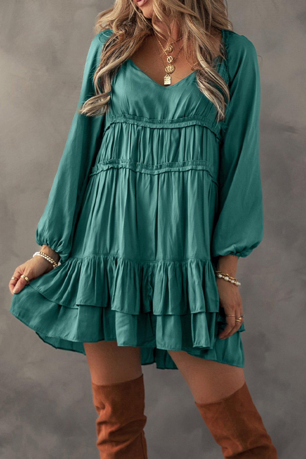 Mist Green Tiered Ruffled Puff Sleeve Loose Fit Mini Dress-Chaelisa's New Jammies