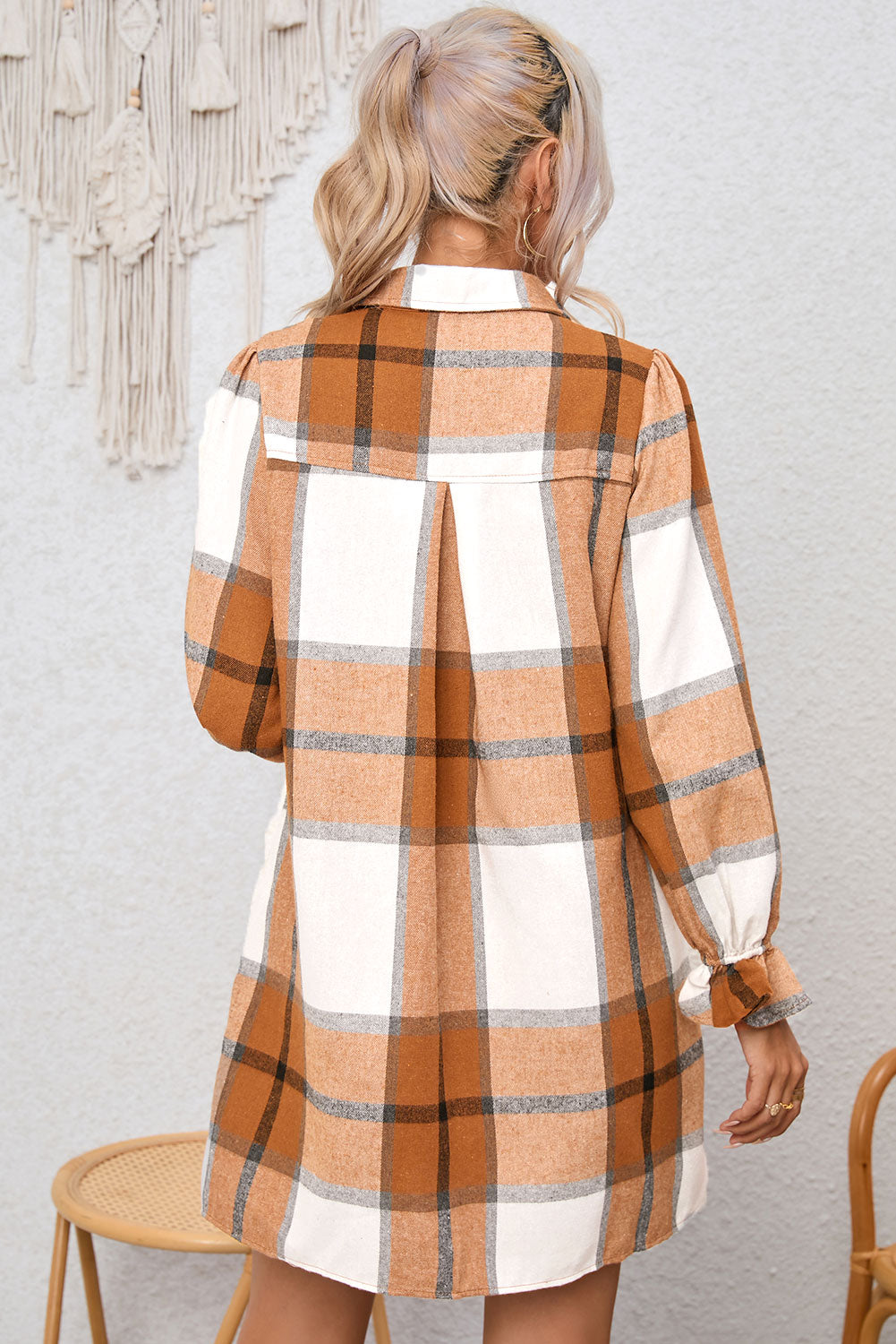 Khaki Plaid Pattern Collared Neck Ruffled Sleeve Shirt Dress-Chaelisa's New Jammies