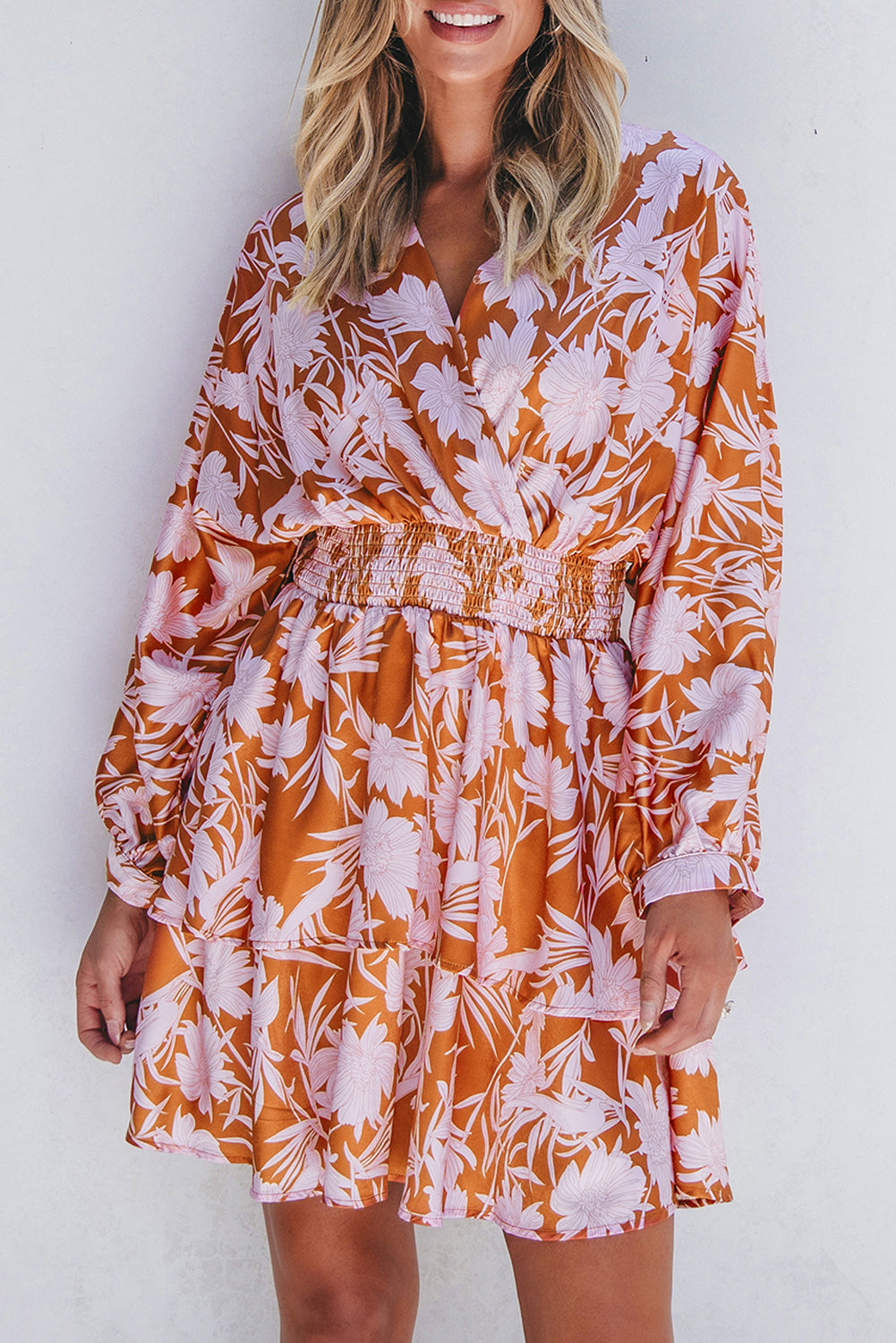 Brown Floral Puff Sleeve Smocked Waist Layered Dress-Chaelisa's New Jammies