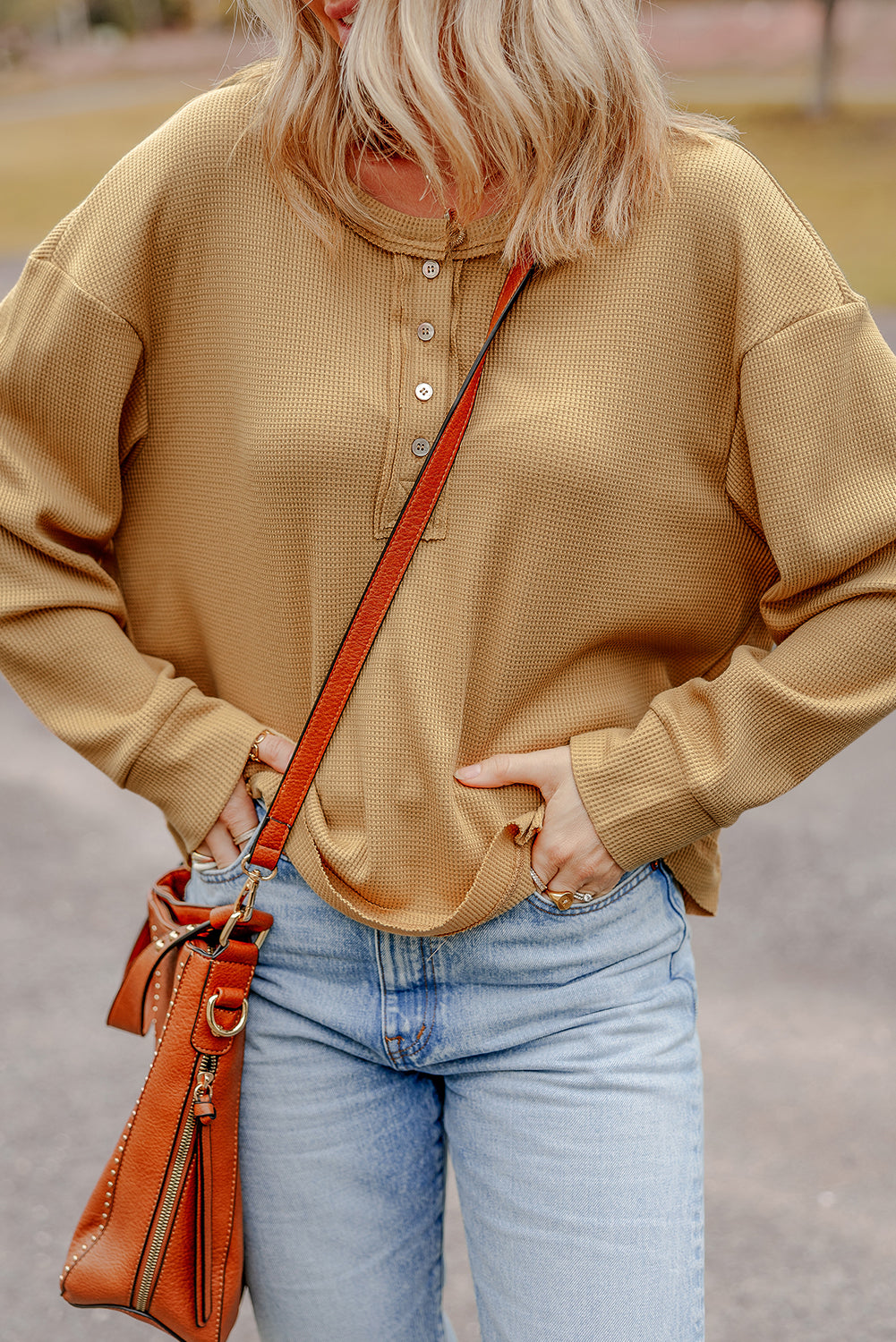 Camel Textured Knit Half Button Drop Shoulder Oversized Top-Chaelisa's New Jammies