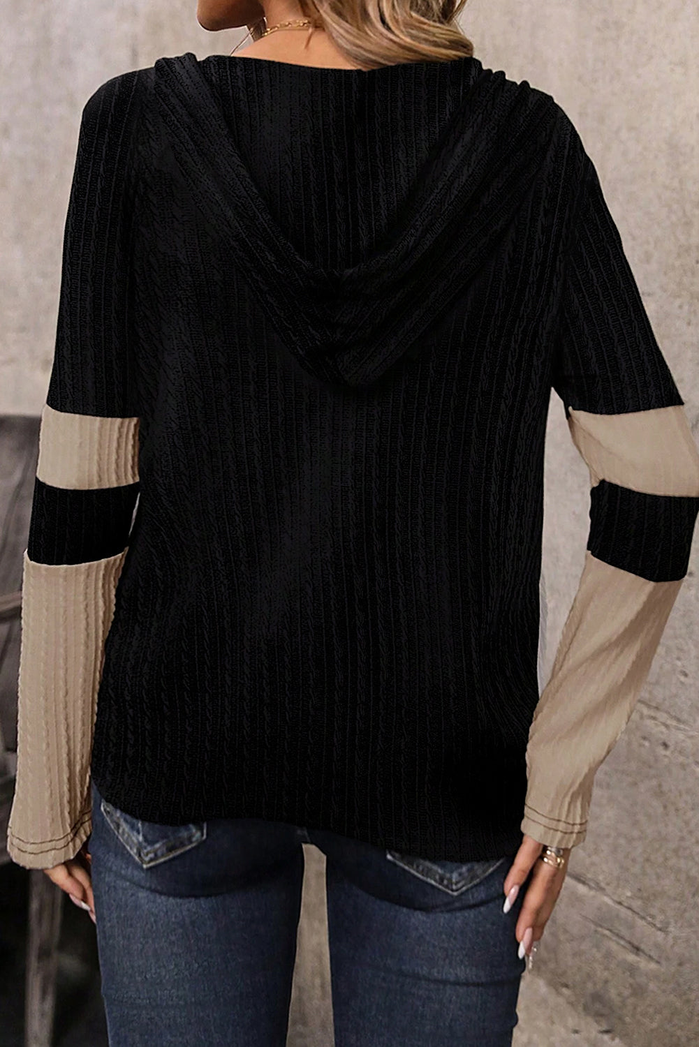 Parchment Textured Colorblock Long Sleeve Quarter Zip Drawstring Hooded Top-Chaelisa's New Jammies