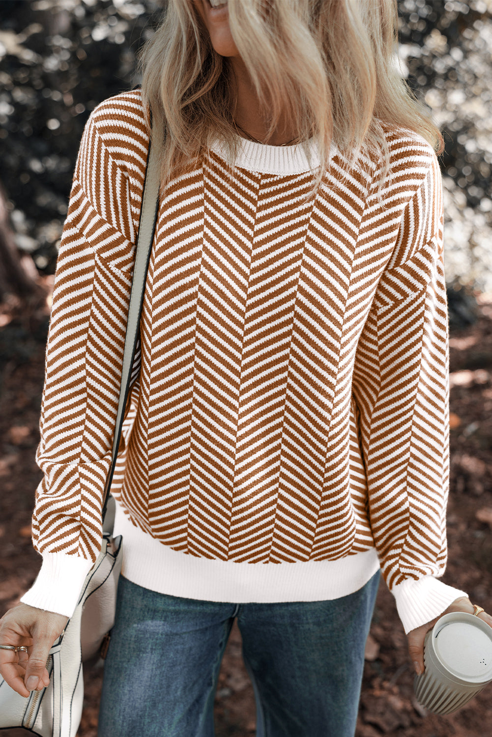 Coffee Contrast Edge Crew Neck Drop Shoulder Sweater-Chaelisa's New Jammies