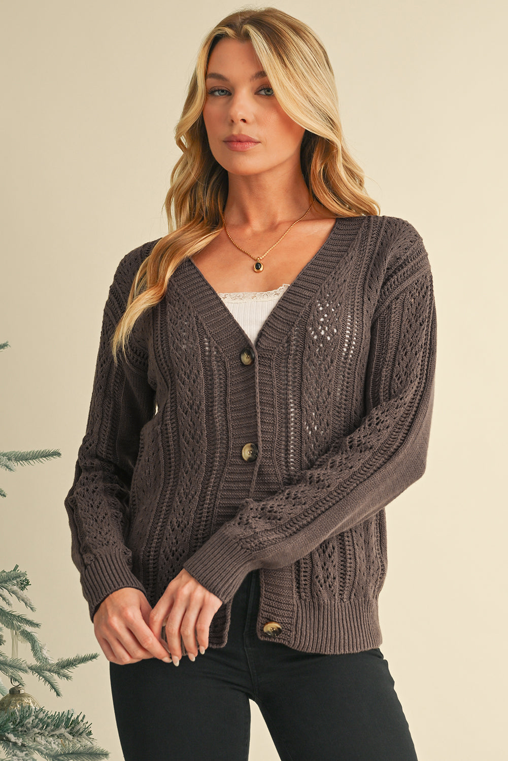Dark Khaki Hollow Knit Drop Shoulder Cardigan-Chaelisa's New Jammies