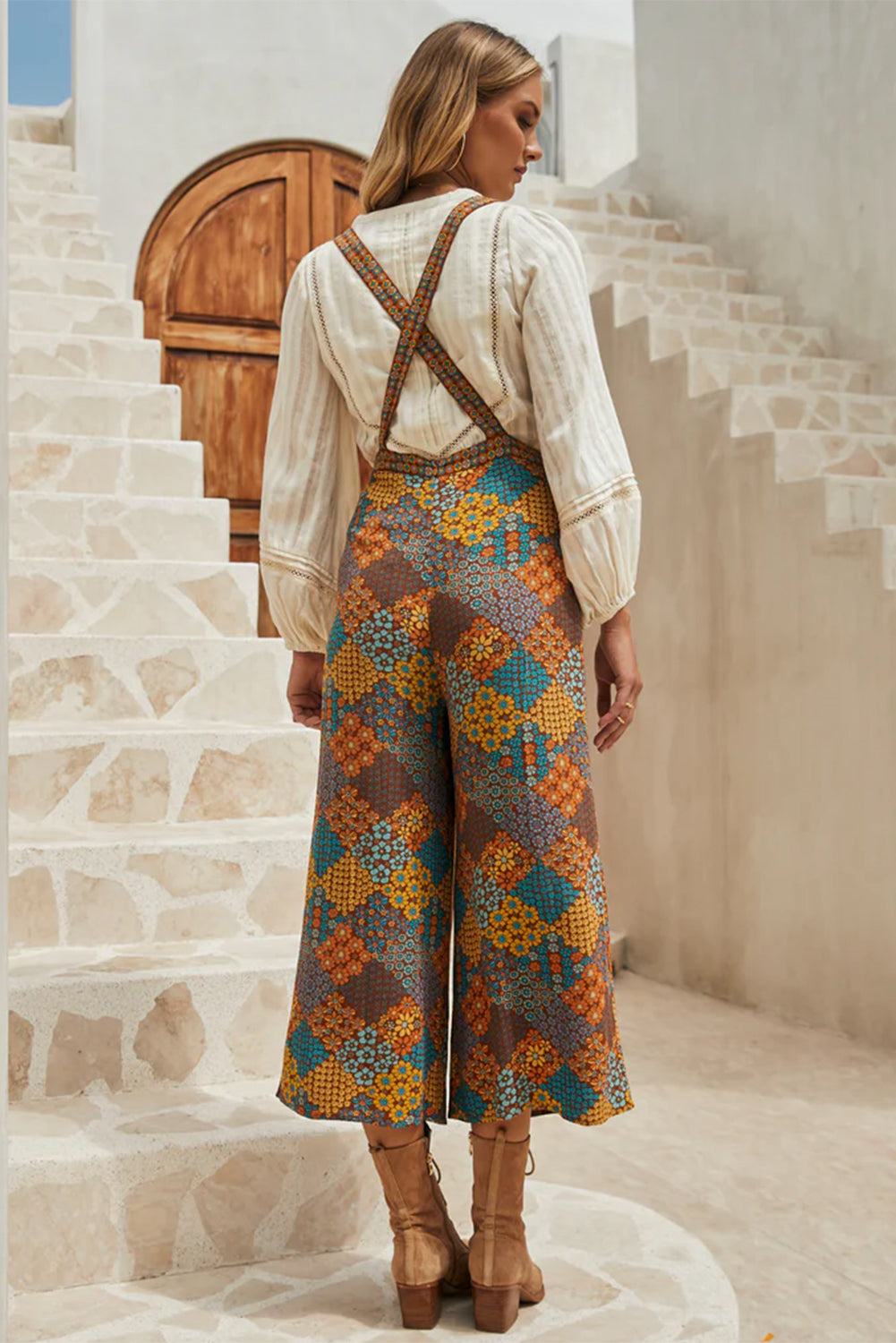 Multicolour Boho Floral Print Crossed Straps Ankle-length Jumpsuit-Chaelisa's New Jammies
