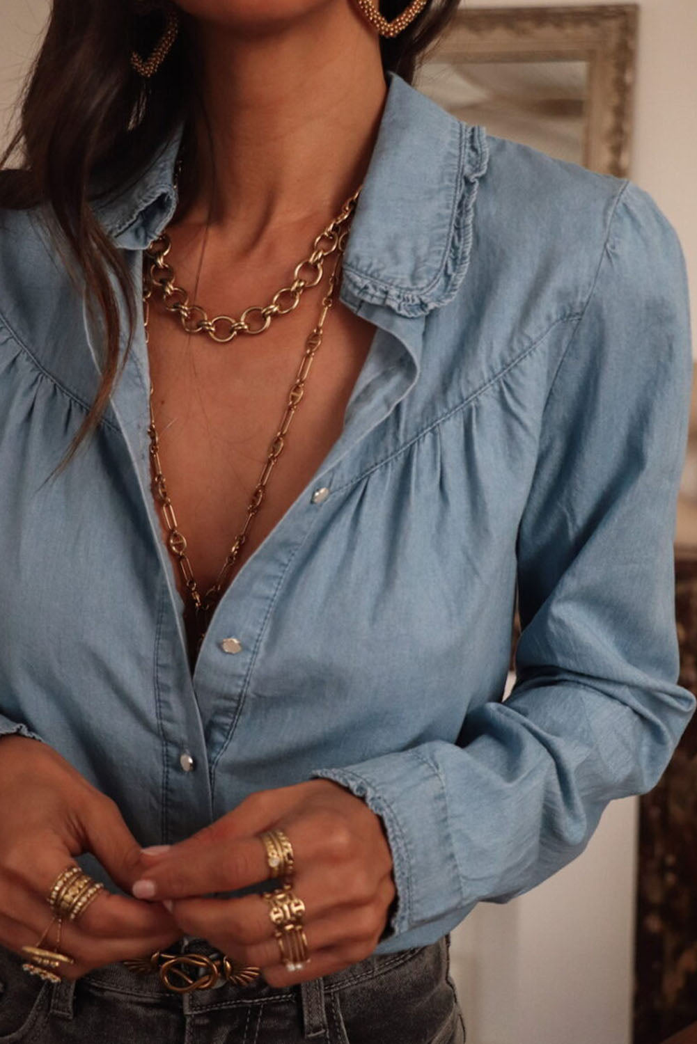 Dusk Blue Turn-down Collar Chambray Shirt-Chaelisa's New Jammies