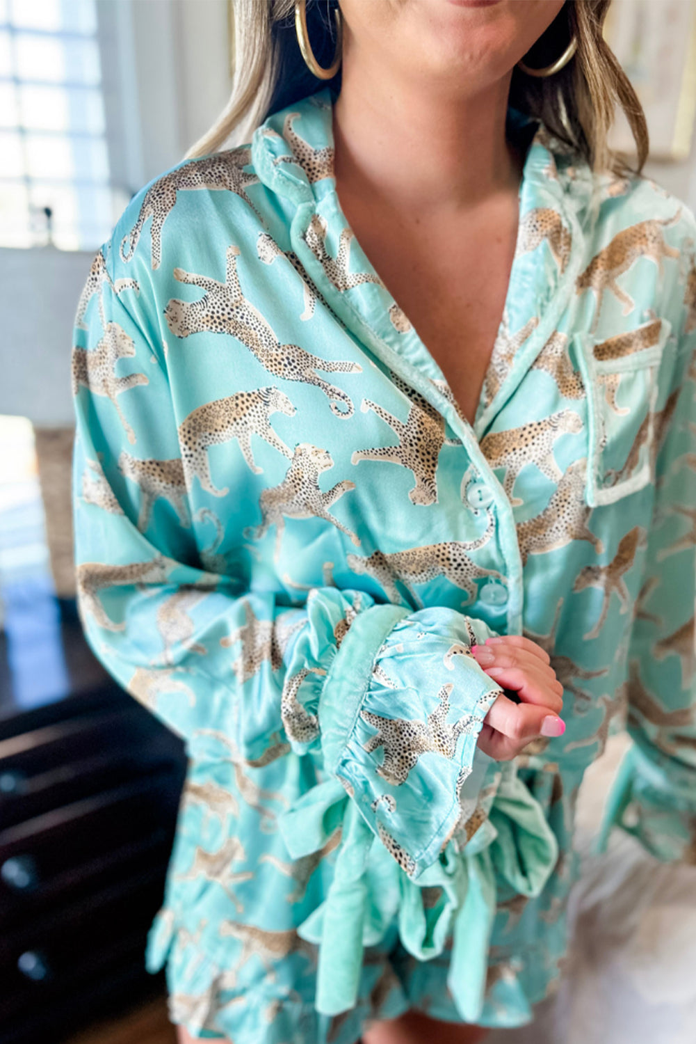 Green Leopard Satin Ruffle Pajama Short Set-Chaelisa's New Jammies