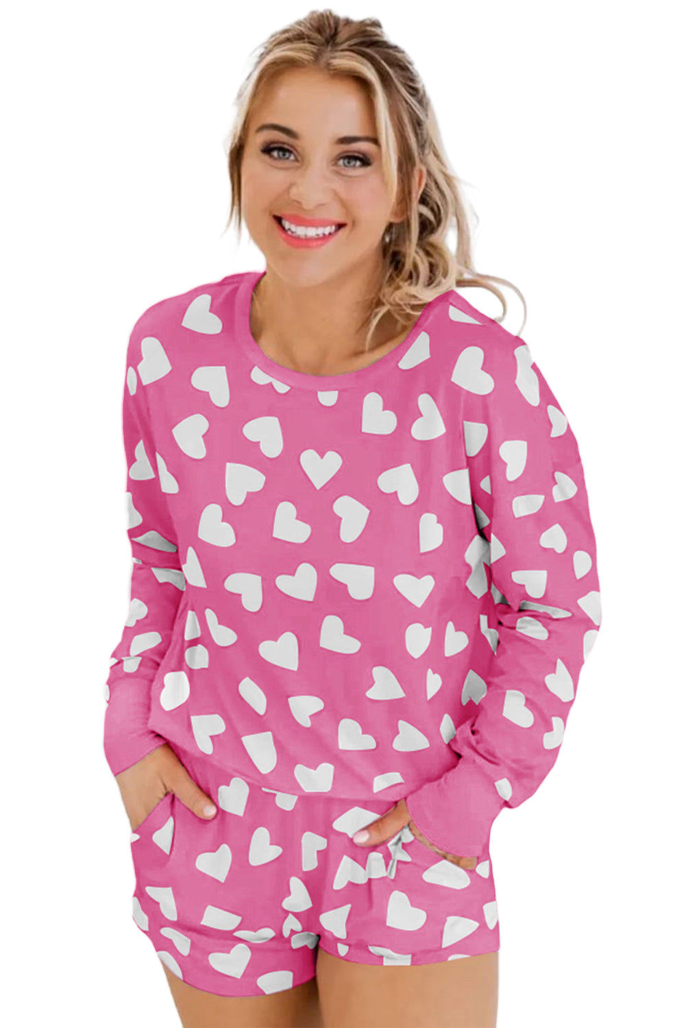 Pink Heart Print Long Sleeve Top and Shorts Loungewear Set-Chaelisa's New Jammies
