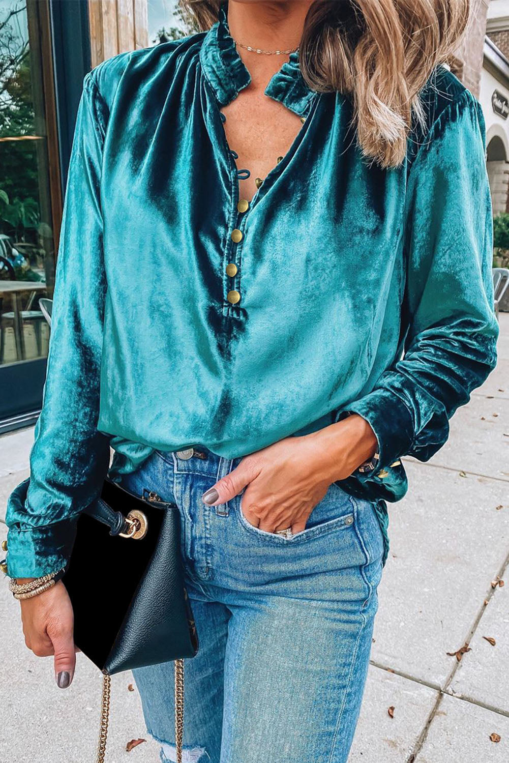 Navy Blue Frilled Buttoned V Neck Velvet Blouse-Chaelisa's New Jammies
