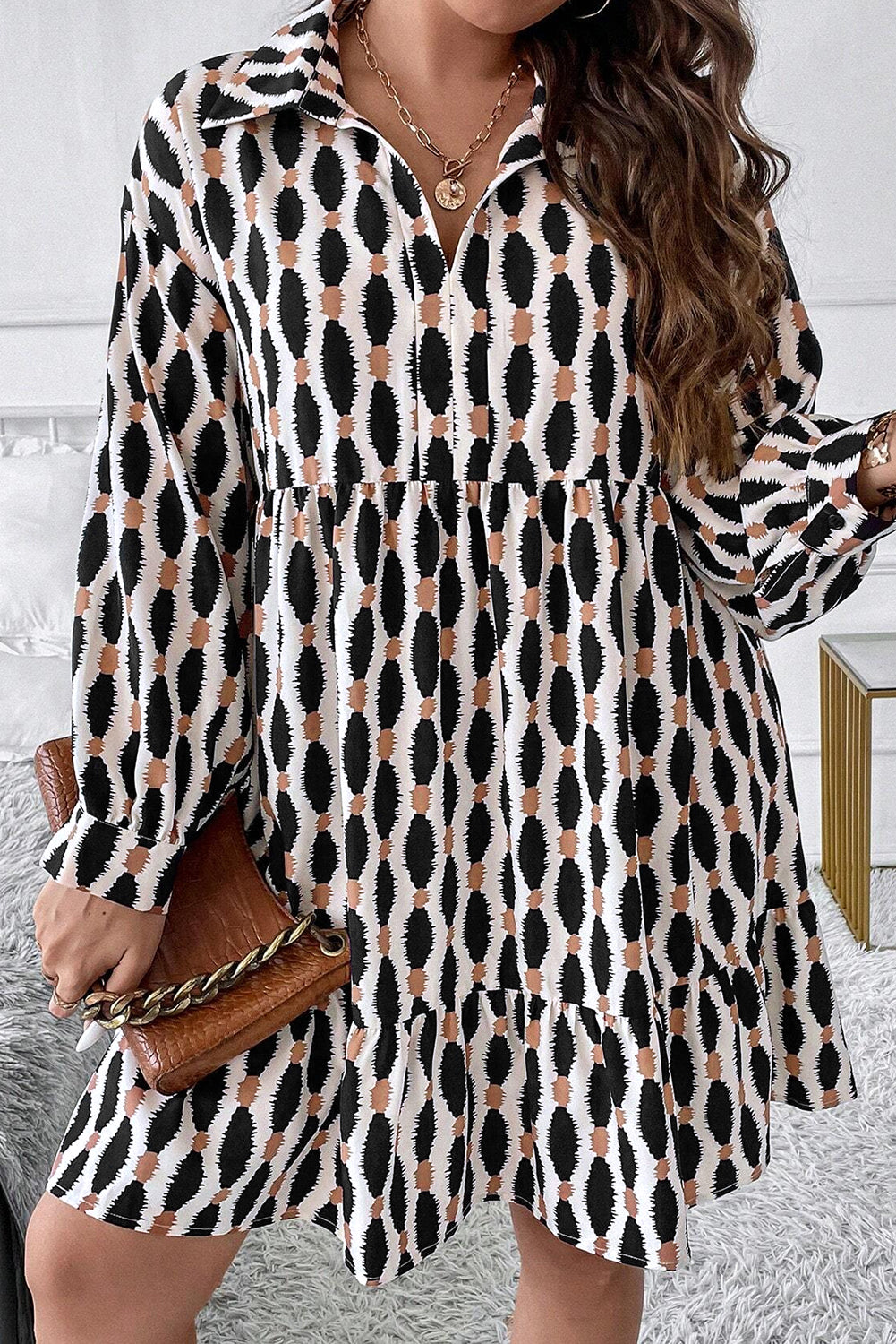 Apricot Abstract Print Collared V Neck Plus Size Mini Dress-Chaelisa's New Jammies