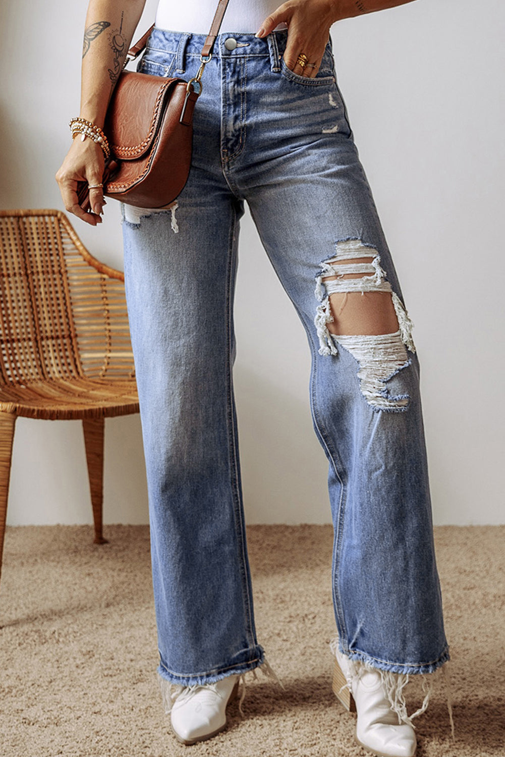 Ashleigh Blue Distressed Raw Hem Straight Leg High Waist Jeans-Chaelisa's New Jammies