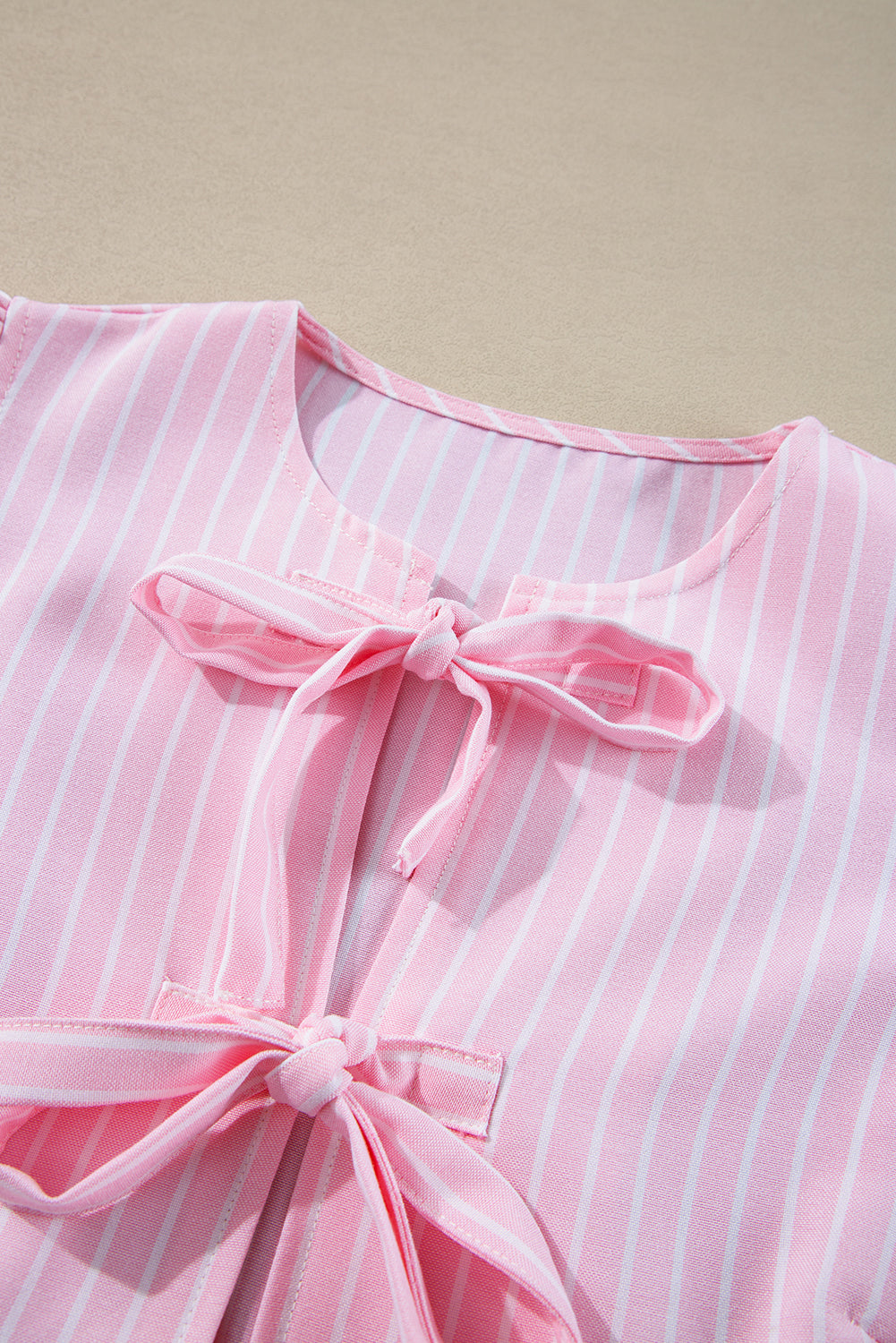 Pink Stripe Bowknot Front Crew Neck Puff Sleeve Blouse-Chaelisa's New Jammies