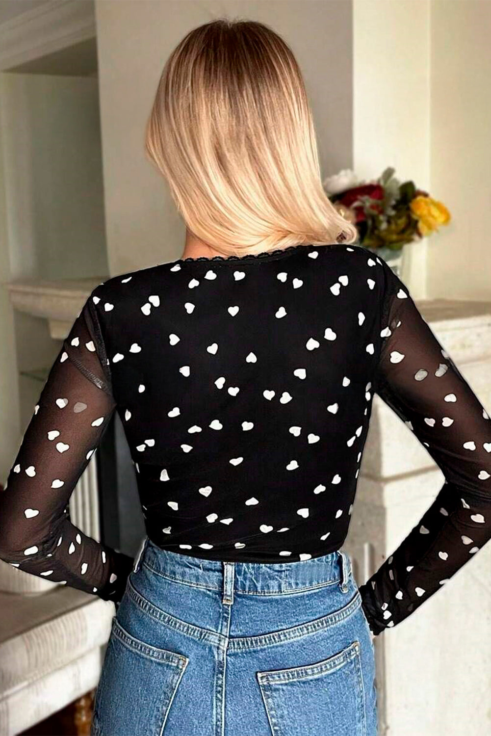 Black Heart Shape Mesh Patchwork Square Neck Bodysuit-Chaelisa's New Jammies